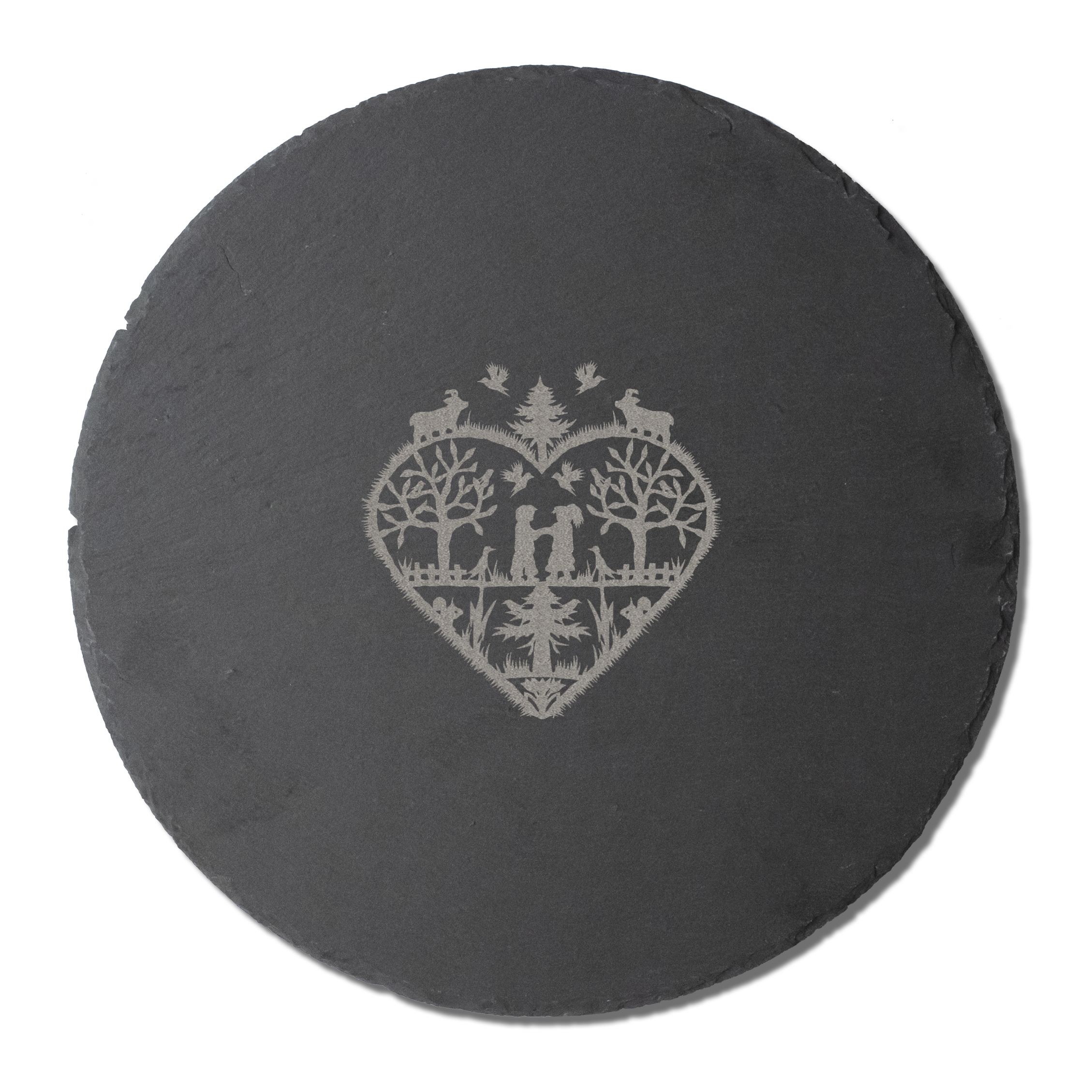 28cmØ Slate board with Swiss cut out inspired motif / Planche apéro ronde en ardoise avec motif inspiré par les découpages Suisse