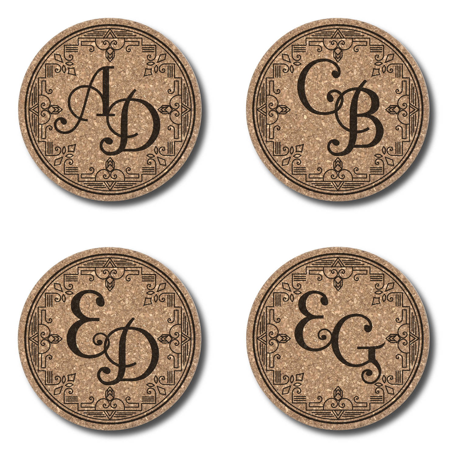 Cork coasters with monogram motif - Customizable / Dessous de verre en liège avec monogram personnalisable