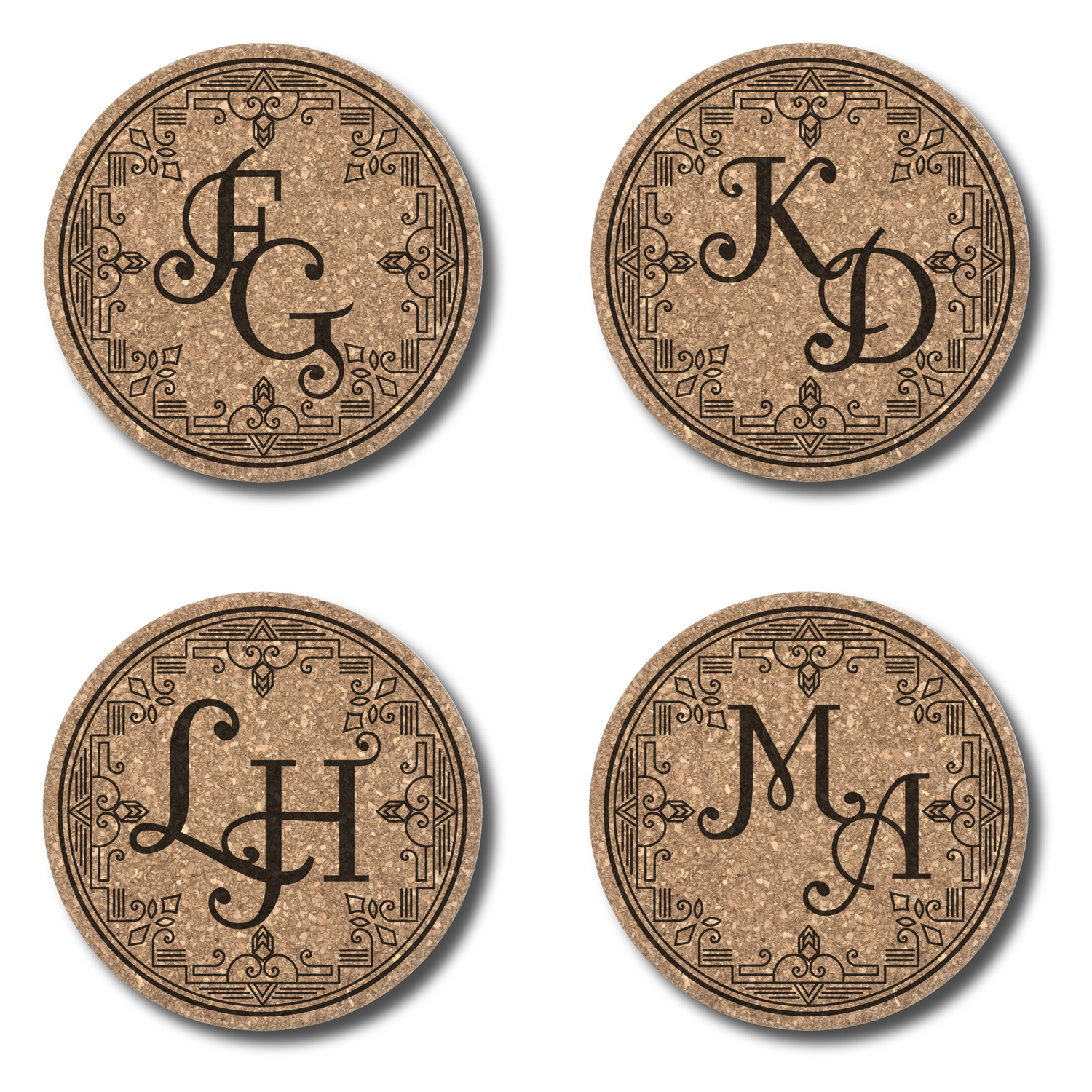 Cork coasters with monogram motif - Customizable / Dessous de verre en liège avec monogram personnalisable