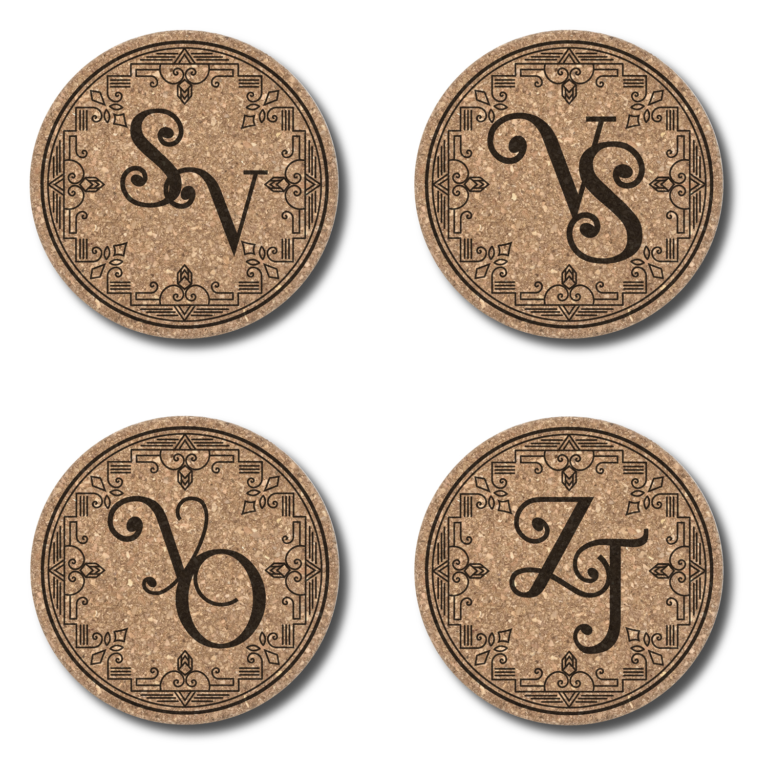Cork coasters with monogram motif - Customizable / Dessous de verre en liège avec monogram personnalisable