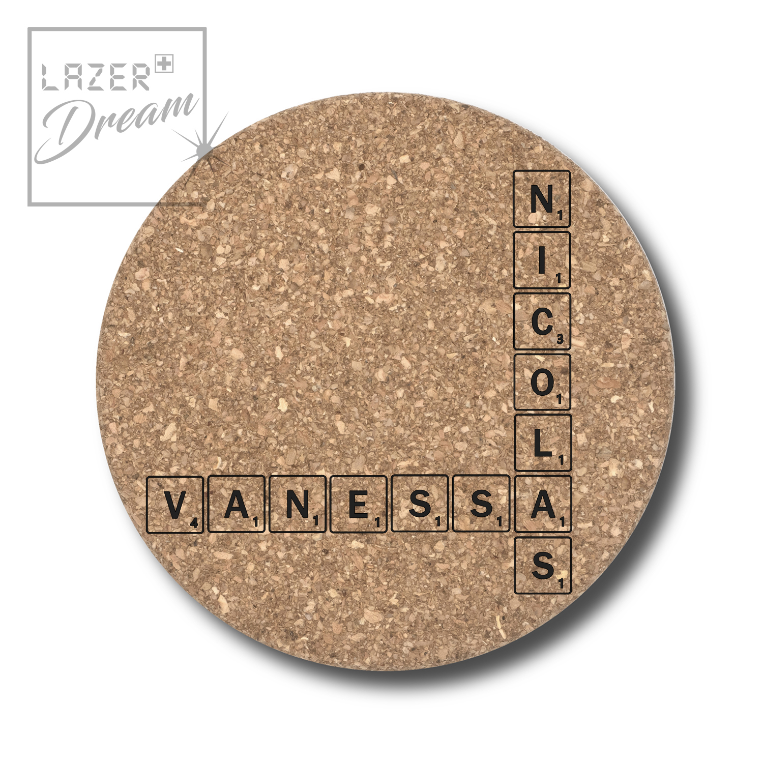 Cork coasters with Scrabble tiles inspired motif - Customizable / Dessous de verre en liège personnalisables avec motif inspiré par les tuiles de Scrabble.