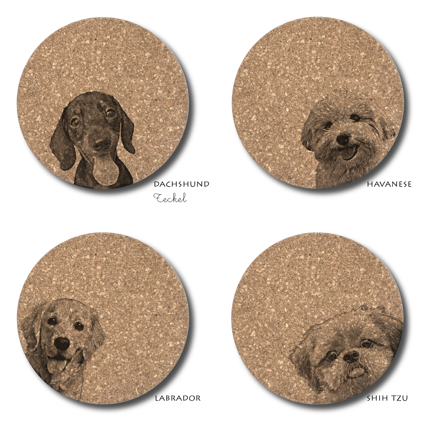 Cork coasters with dog motifs  / Dessous de verre en liège avec motifs de chien
