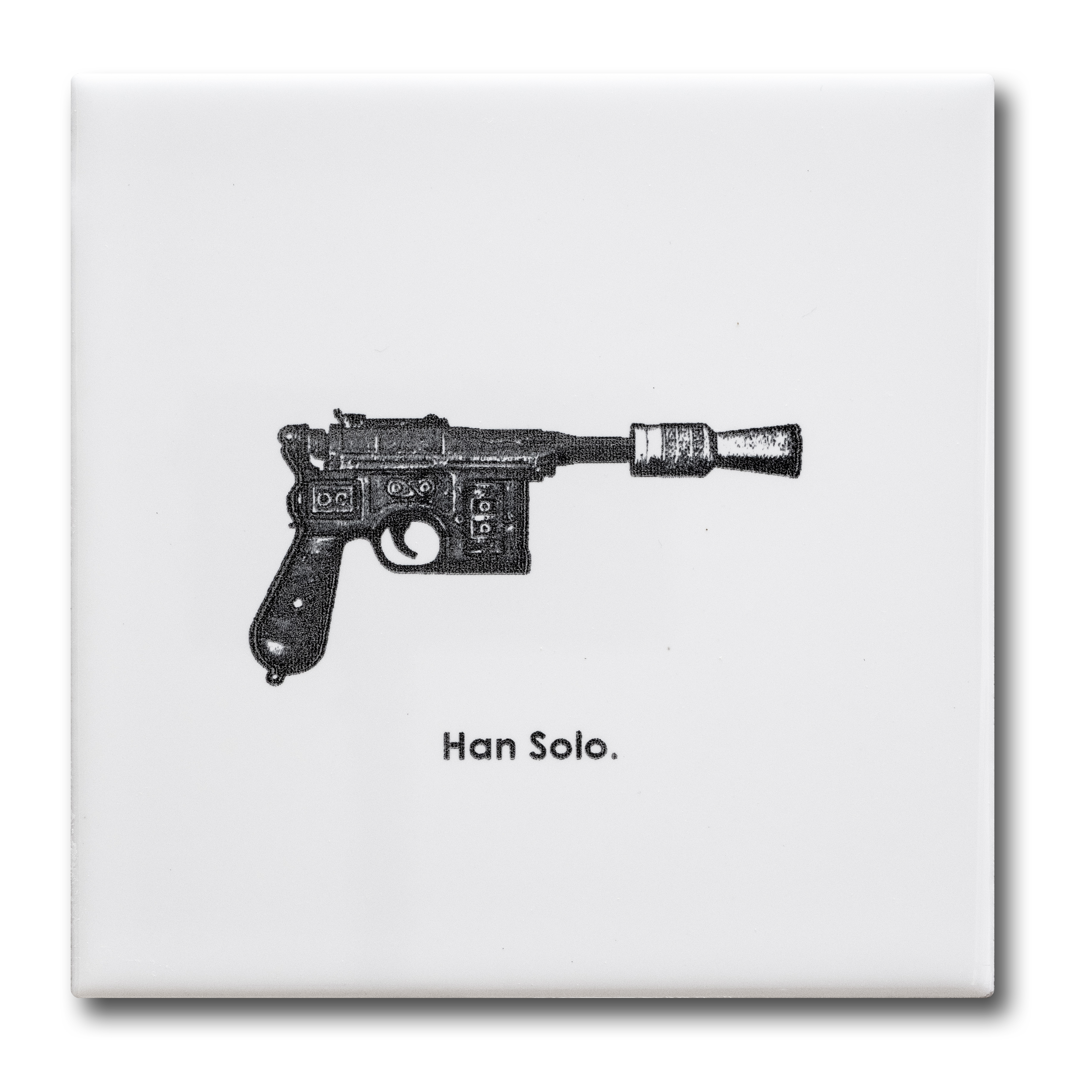 10.8x10.8cm White ceramic tile with famous movie guns inspired motifs / Célèbres pistolets de cinéma en carreau de faïence
