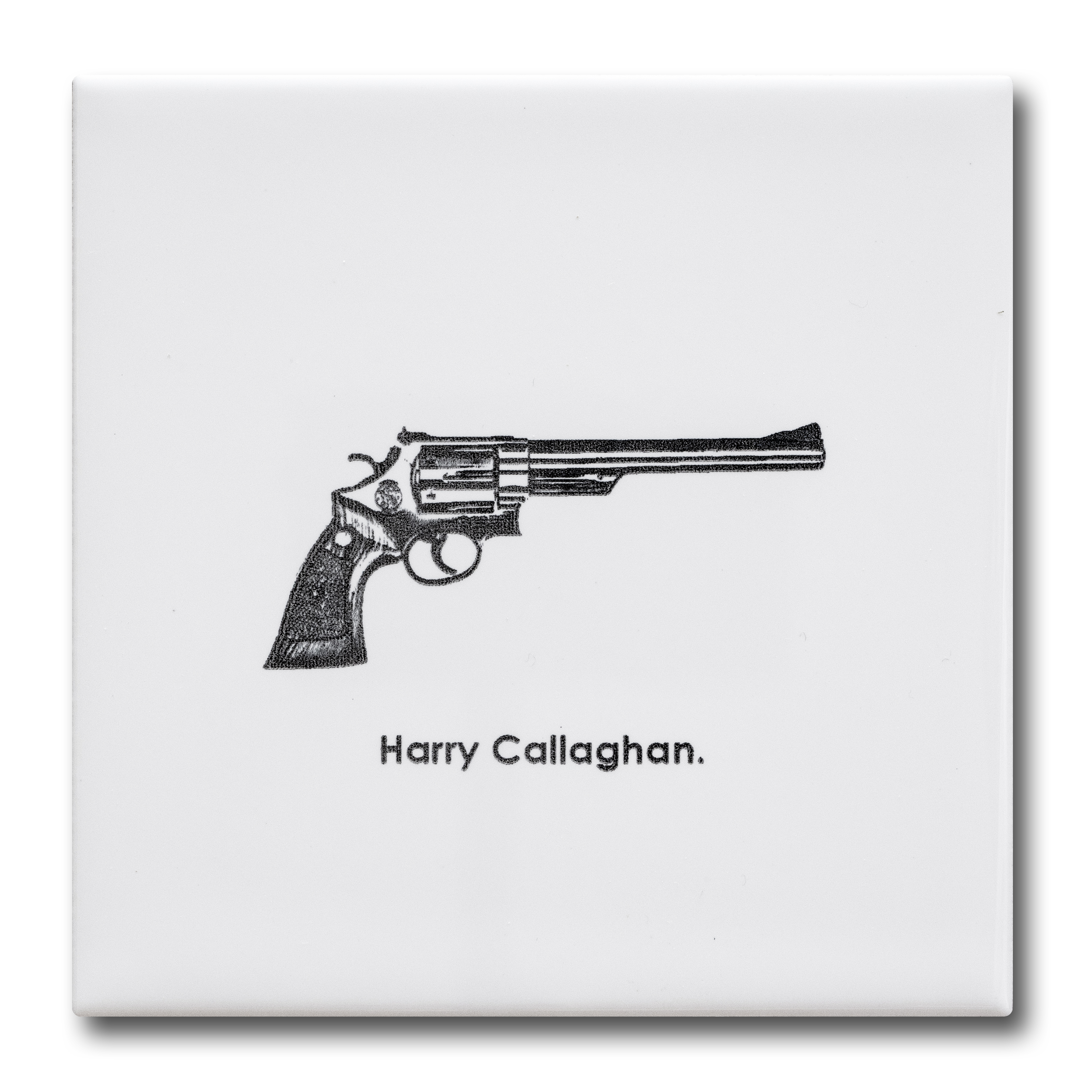 10.8x10.8cm White ceramic tile with famous movie guns inspired motifs / Célèbres pistolets de cinéma en carreau de faïence