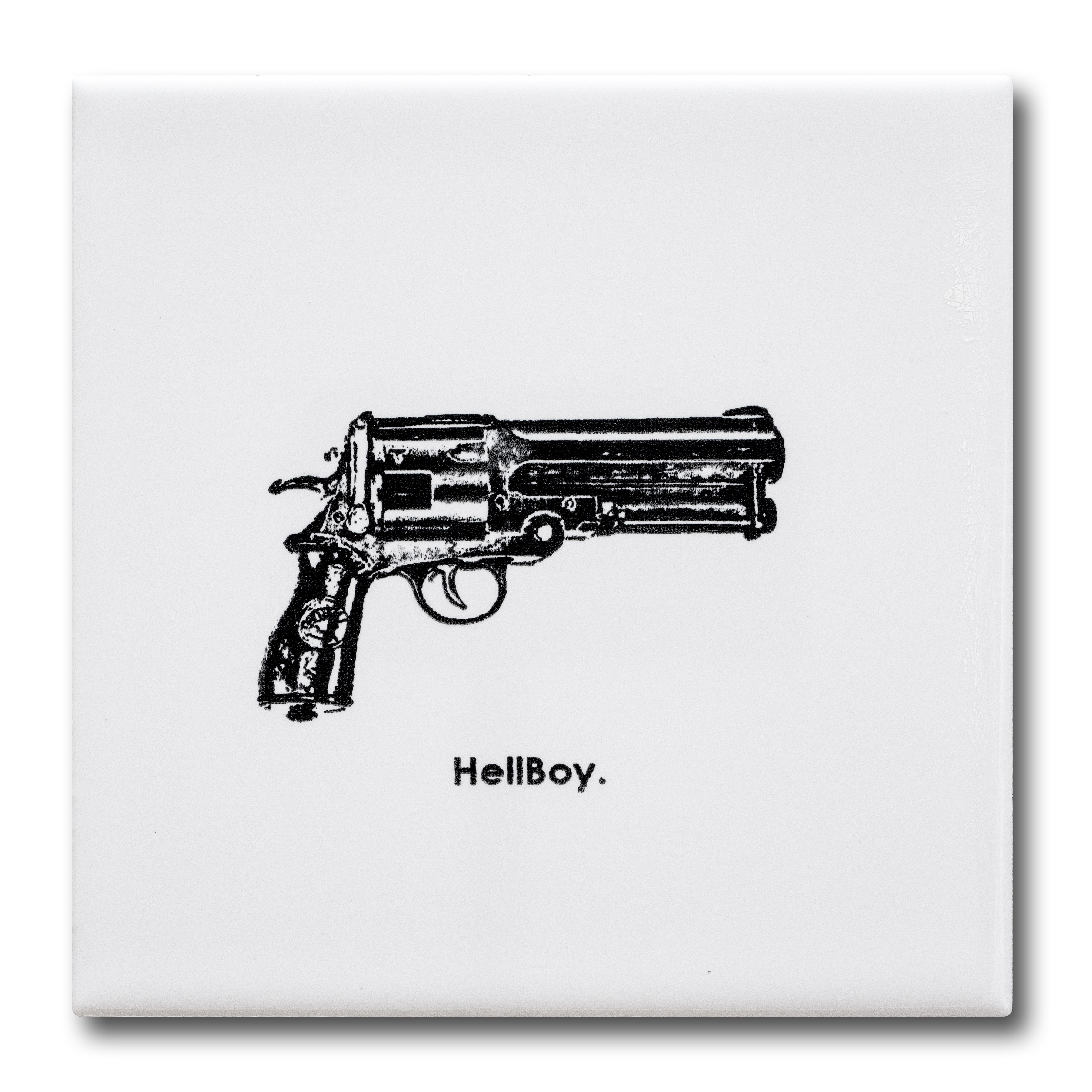 10.8x10.8cm White ceramic tile with famous movie guns inspired motifs / Célèbres pistolets de cinéma en carreau de faïence