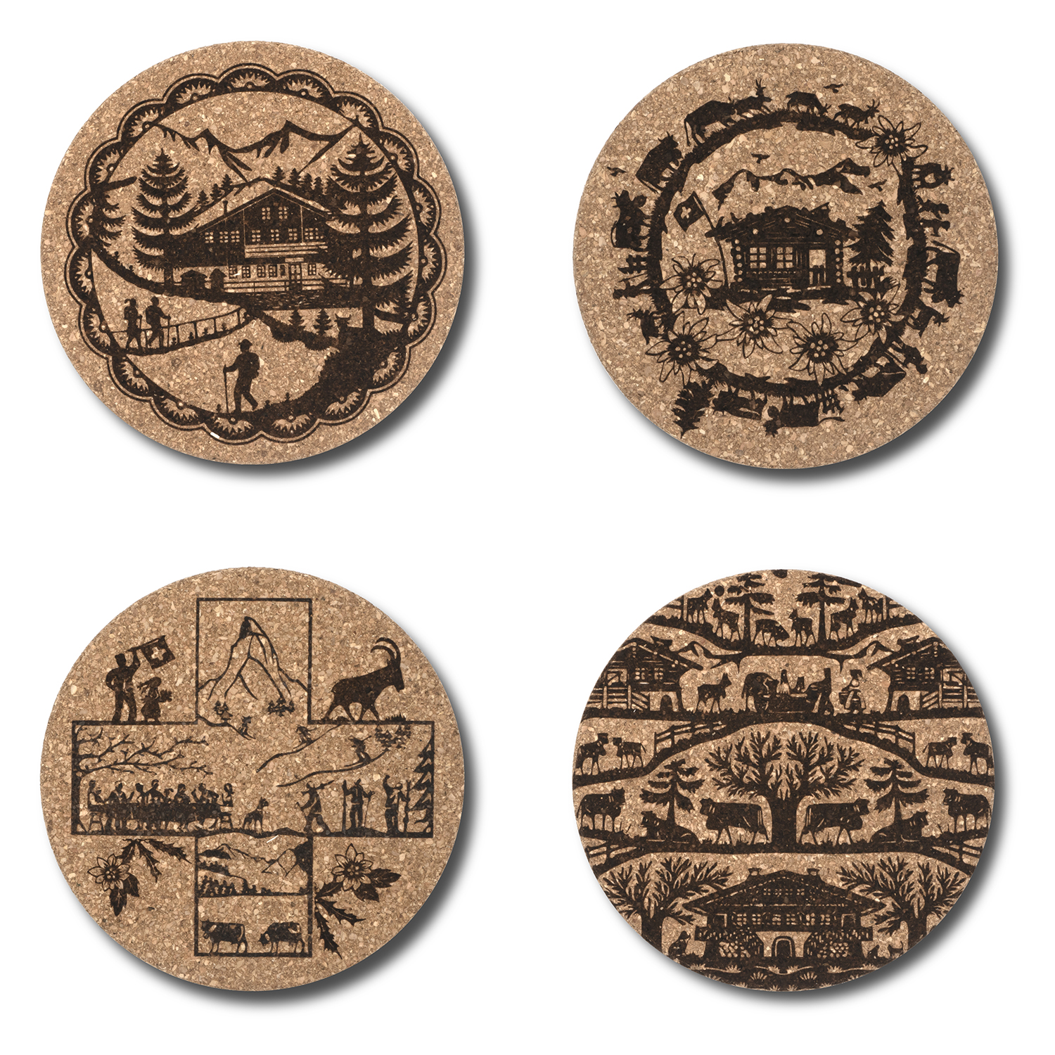 Cork coasters with Swiss cut out inspired motifs / Dessous de verre en liège avec motifs inspirés par les découpages Suisse