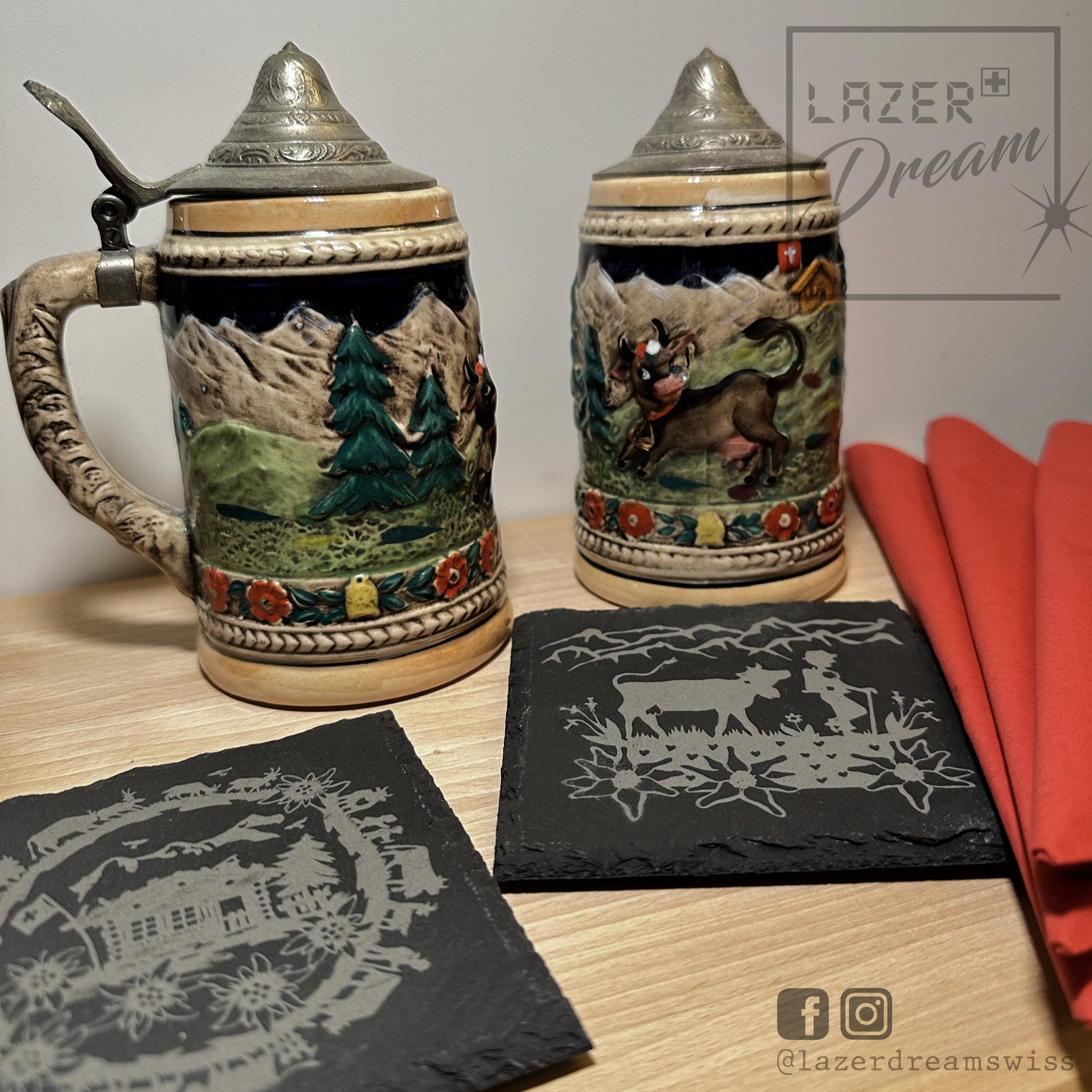 Slate coasters with Swiss cut out inspired motifs / Dessous de verre en ardoise avec motifs inspirés par les découpages Suisse
