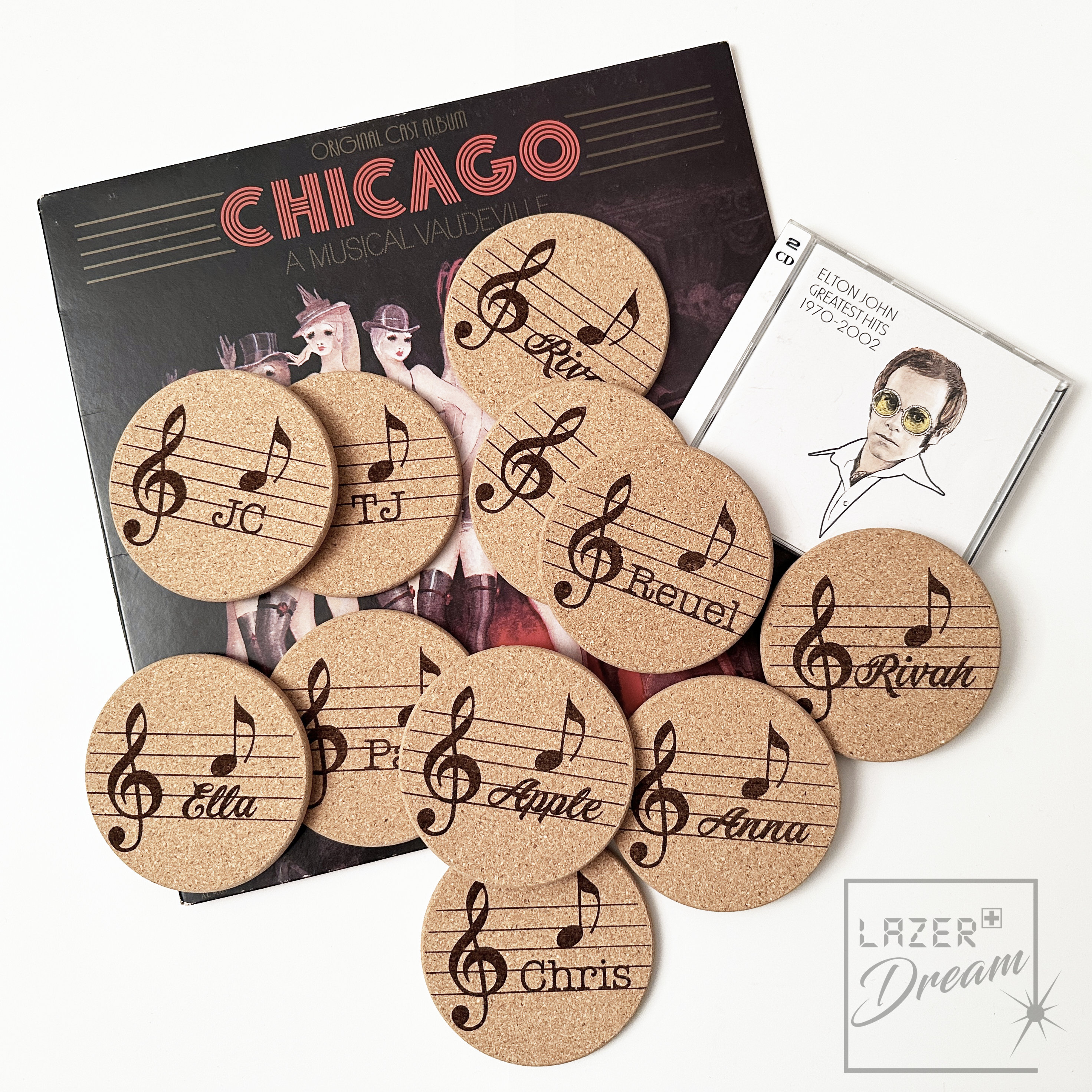 Cork coasters with music inspired motif - Customizable / Dessous de verre en liège personnalisables avec motif inspiré par la musique