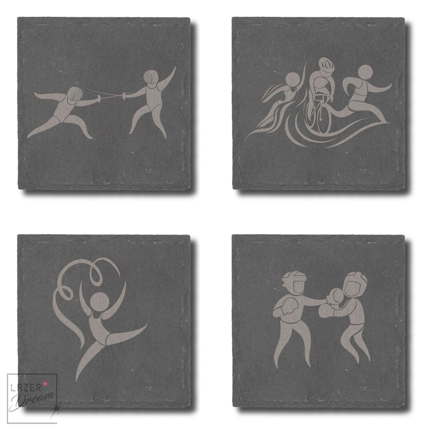Slate coasters with Olympic sports motifs  / Dessous de verre en ardoise avec motifs sports olympiques
