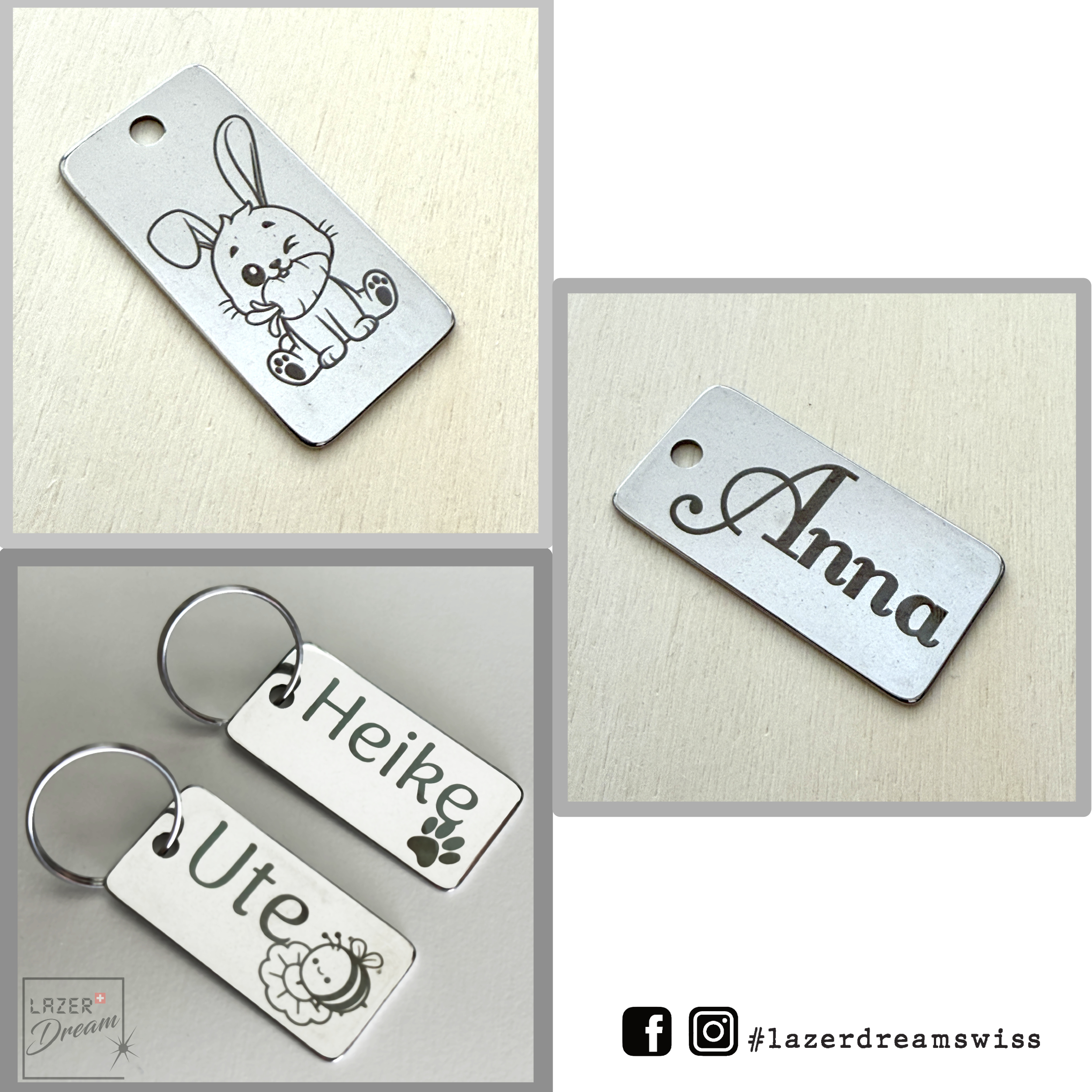 2x4cm Keychain/Bag charm in stainless steel with your logo or your own motif / Porte-clés/Charm en acier avec votre logo ou motif