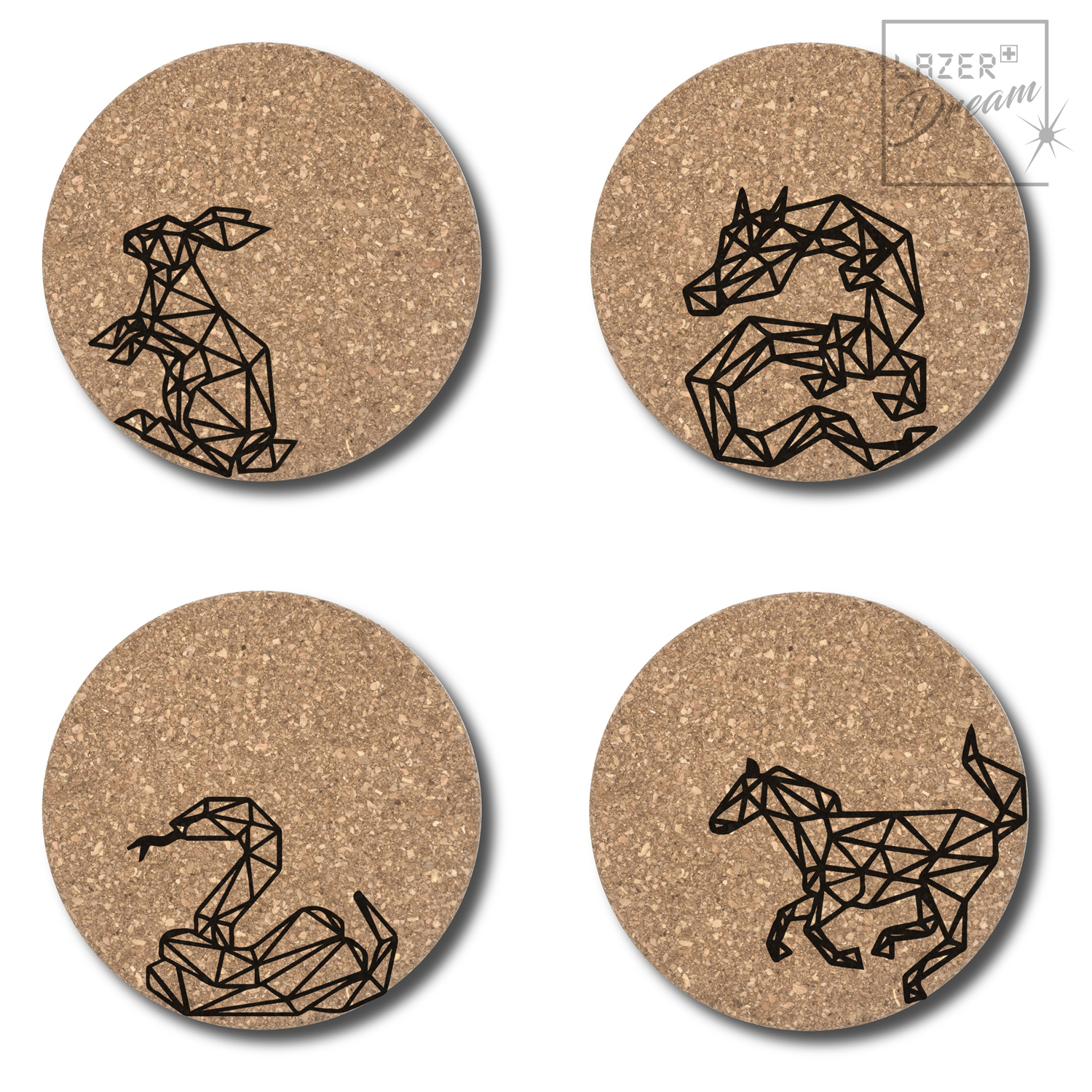 Cork coasters with animal signs motifs / Dessous de verre en liège avec motifs de signes d'animaux