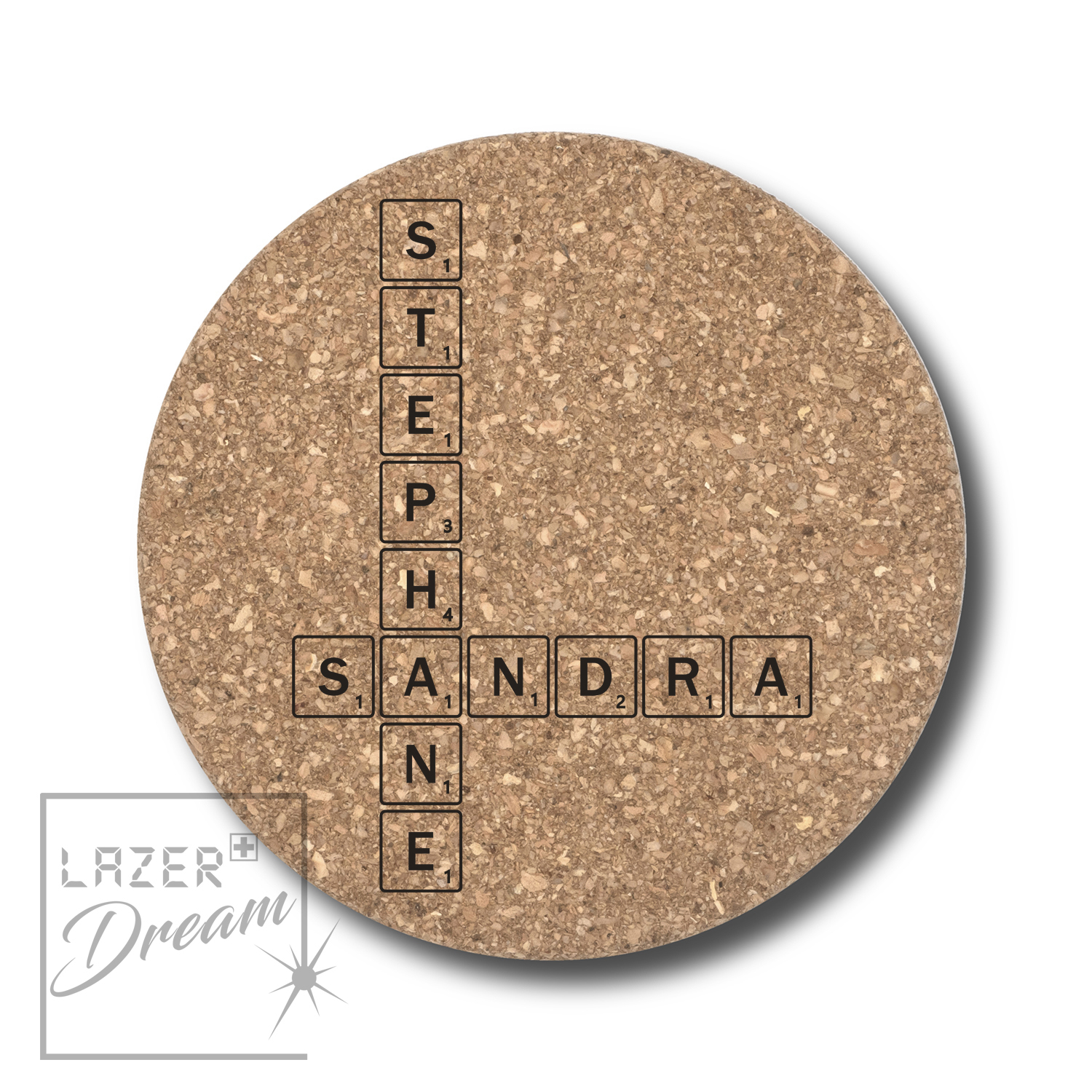 Cork coasters with Scrabble tiles inspired motif - Customizable / Dessous de verre en liège personnalisables avec motif inspiré par les tuiles de Scrabble.