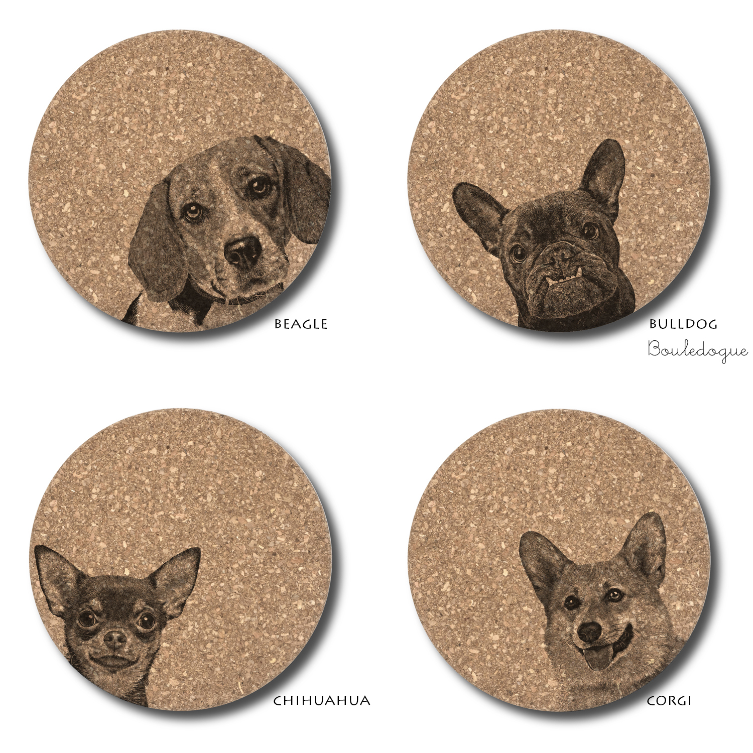 Cork coasters with dog motifs  / Dessous de verre en liège avec motifs de chien