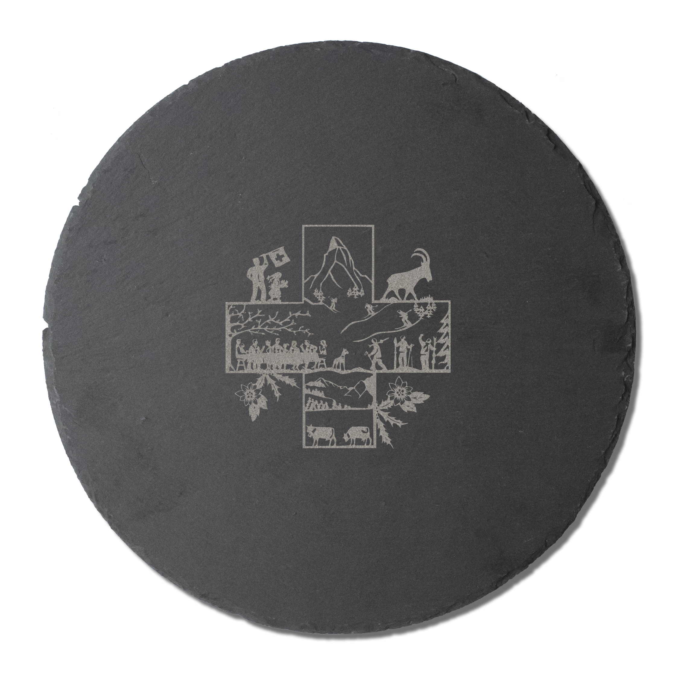 28cmØ Slate board with Swiss cut out inspired motif / Planche apéro ronde en ardoise avec motif inspiré par les découpages Suisse
