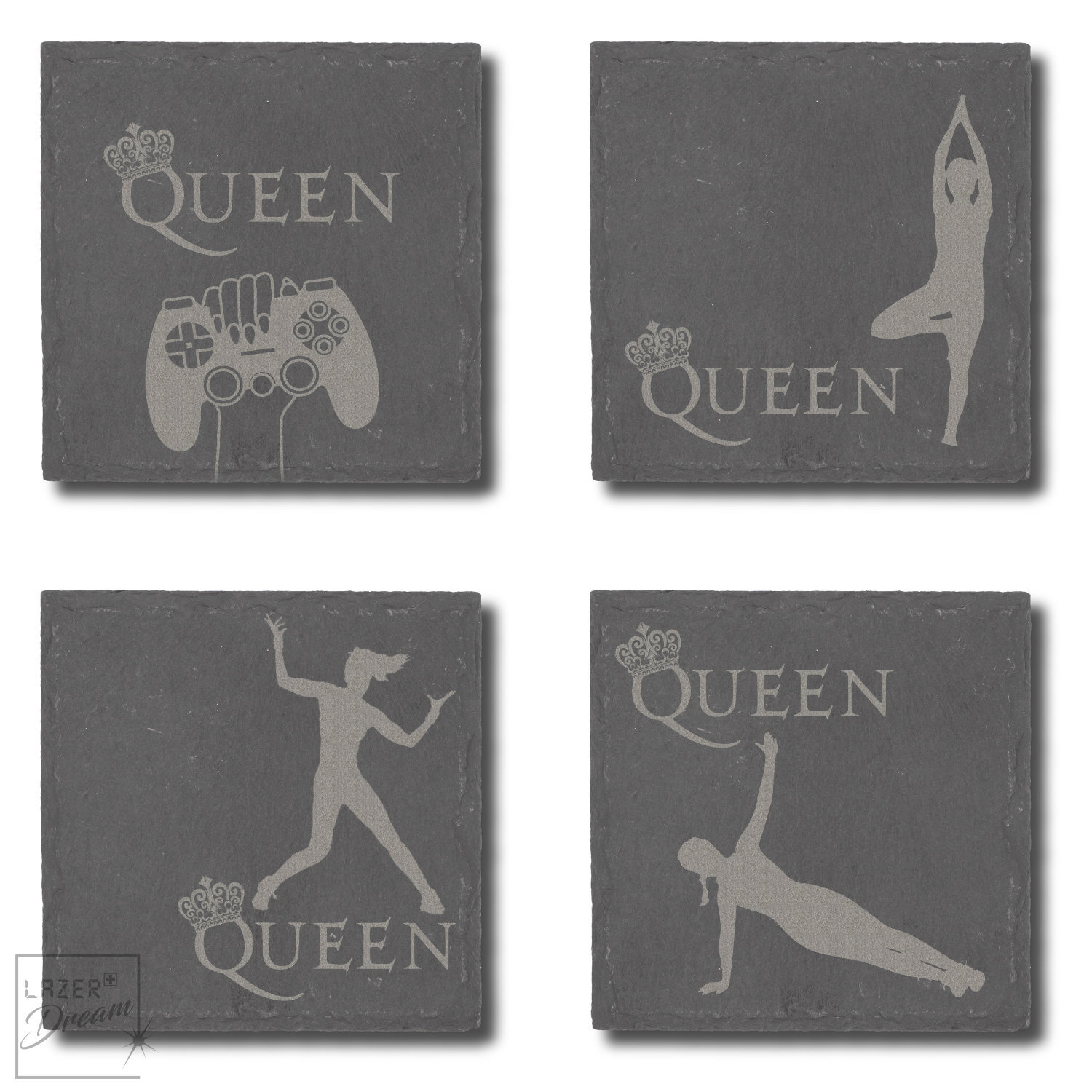 Slate coasters with "Queen of" motifs  / Dessous de verre en ardoise avec motifs "Queen of"