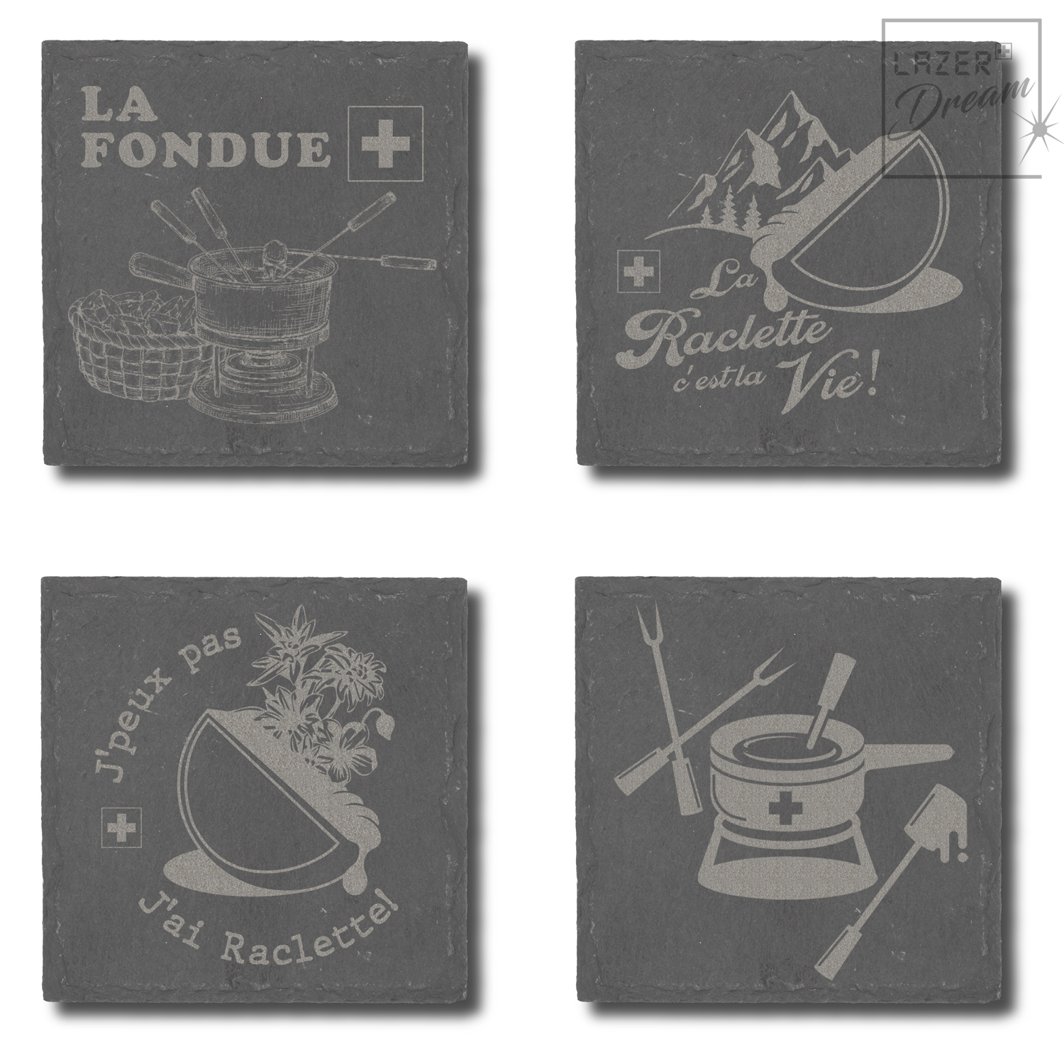 Slate coasters with Raclette and Fondue inspired motifs / Dessous de verre en ardoise avec motifs inspirés par la Raclette​ et Fondue