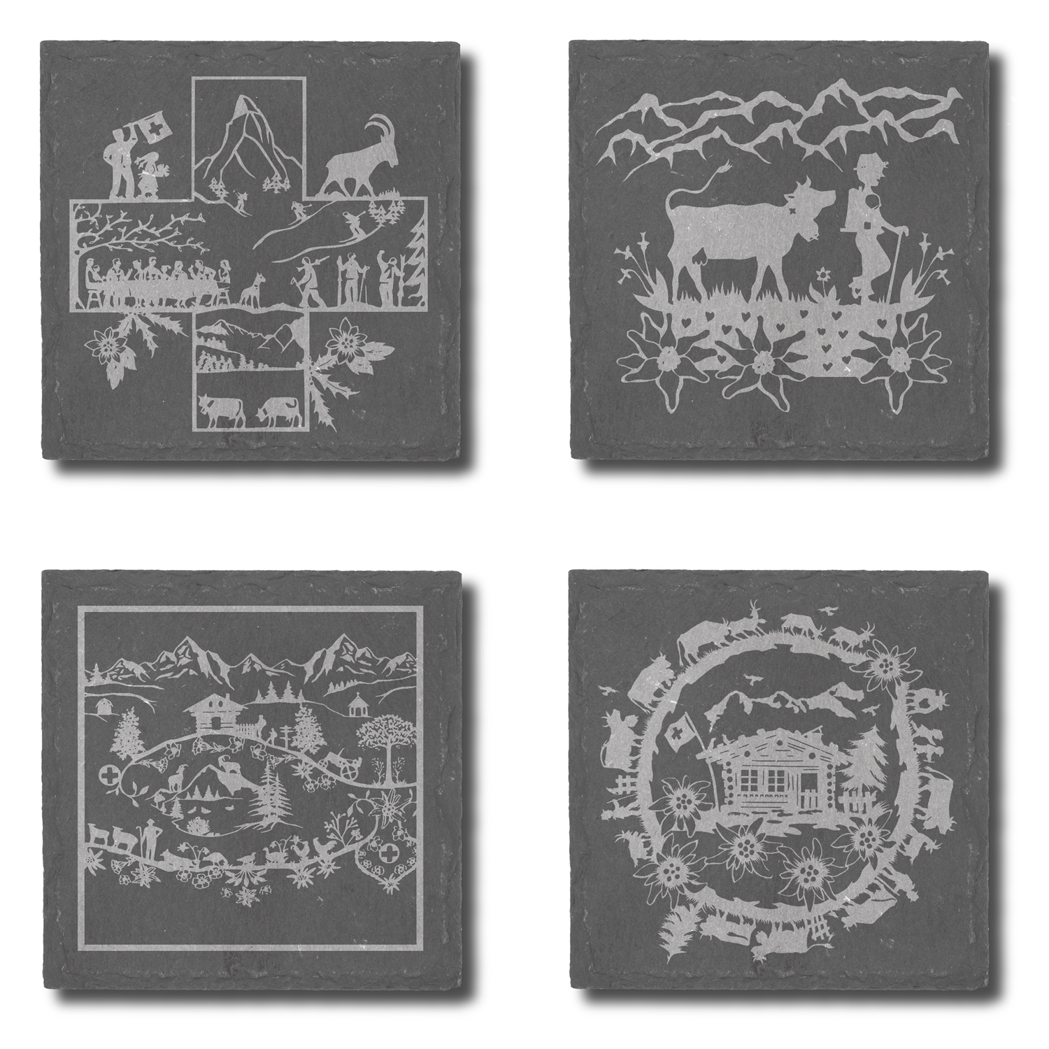 Slate coasters with Swiss cut out inspired motifs / Dessous de verre en ardoise avec motifs inspirés par les découpages Suisse