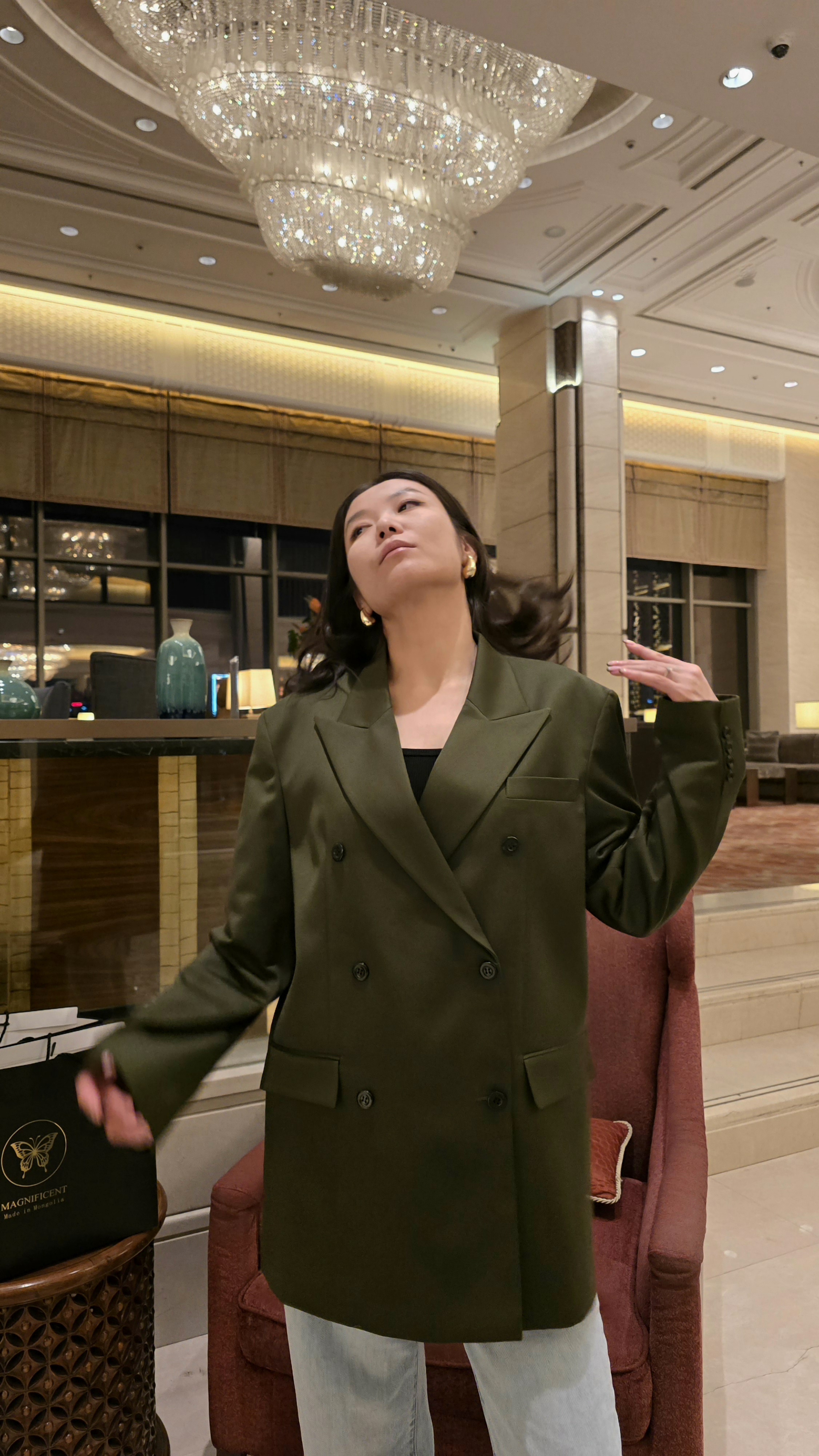 Olive green double-breasted blazer