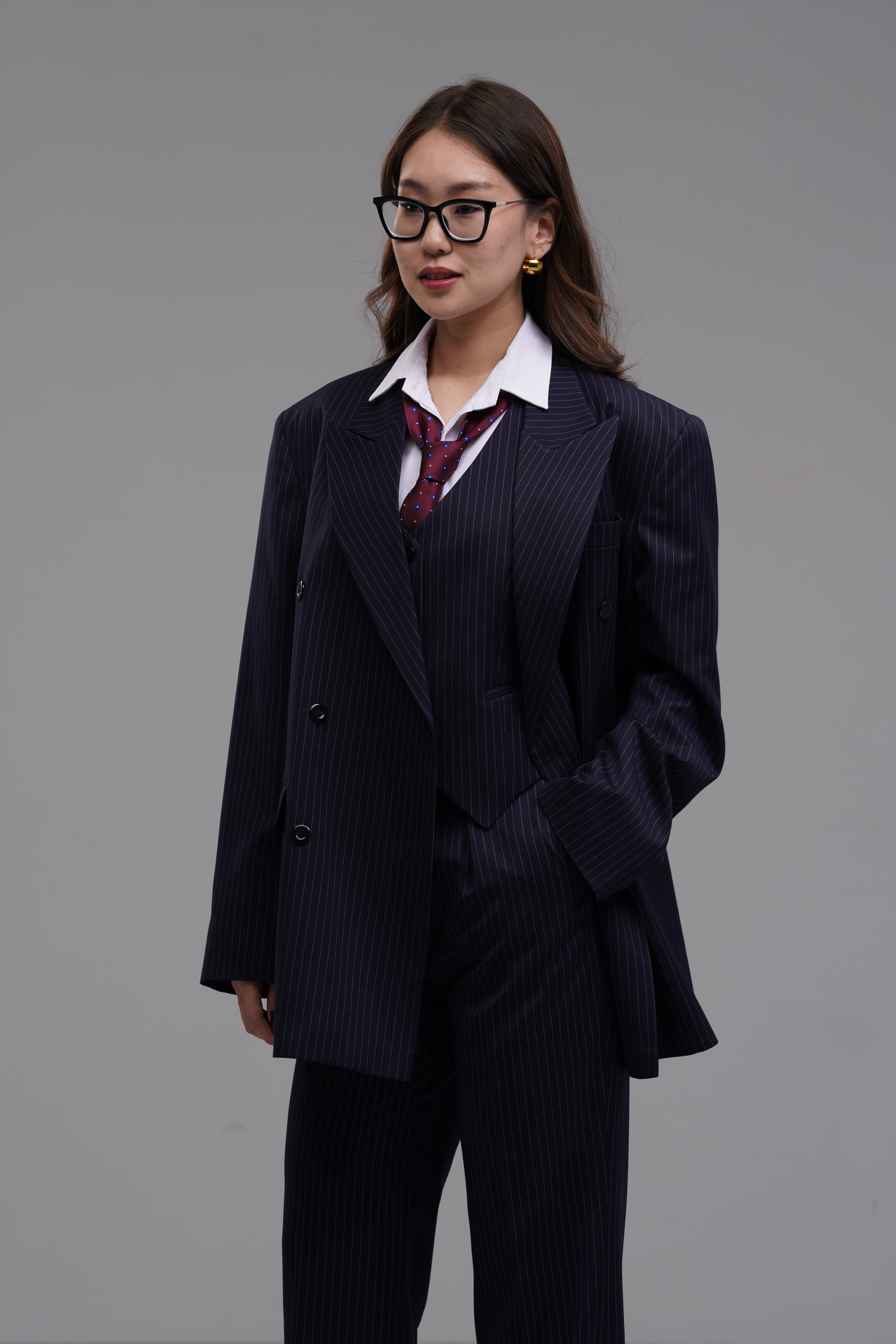 Dark blue pinstripe double-breasted blazer