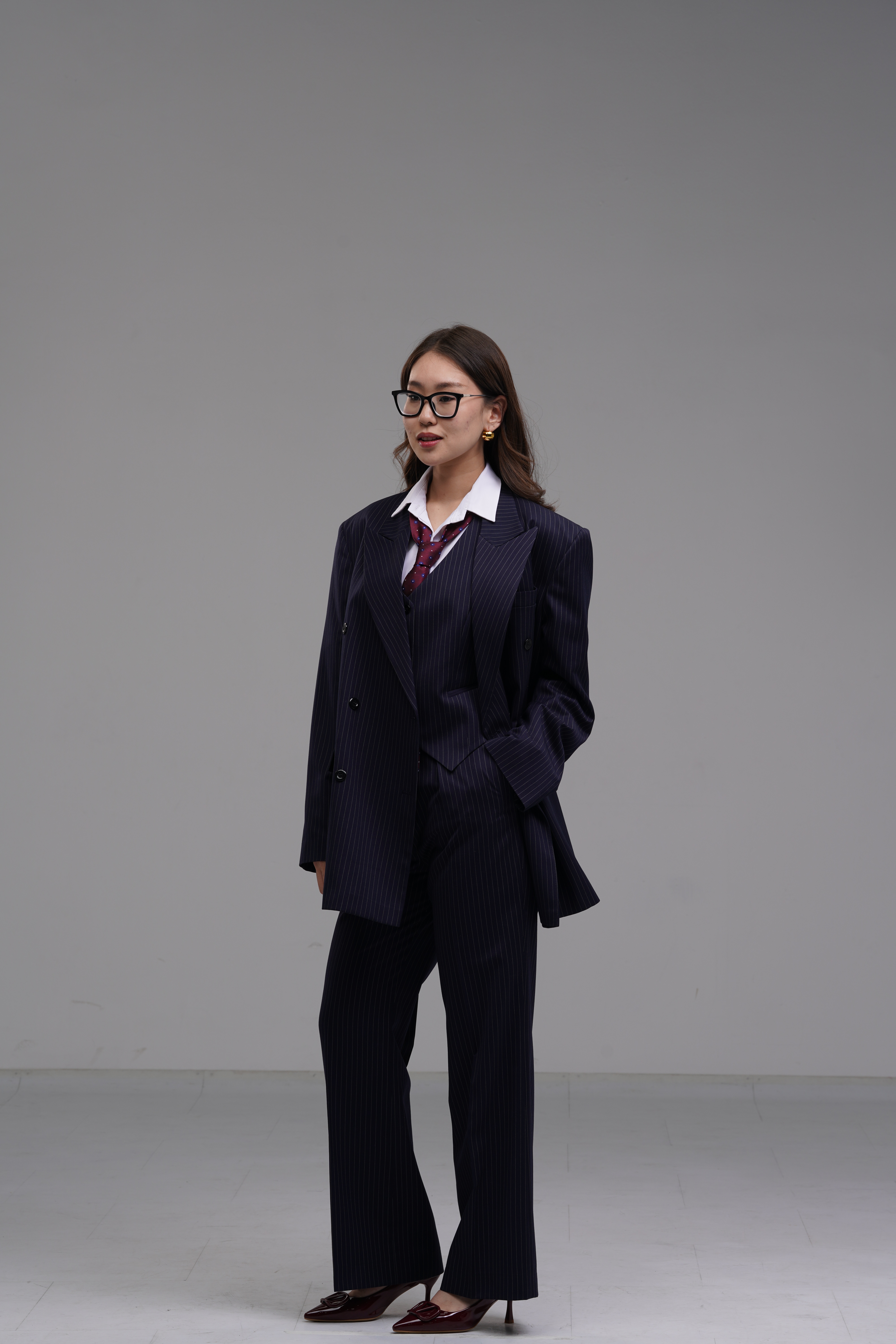 Dark blue pinstripe double-breasted blazer