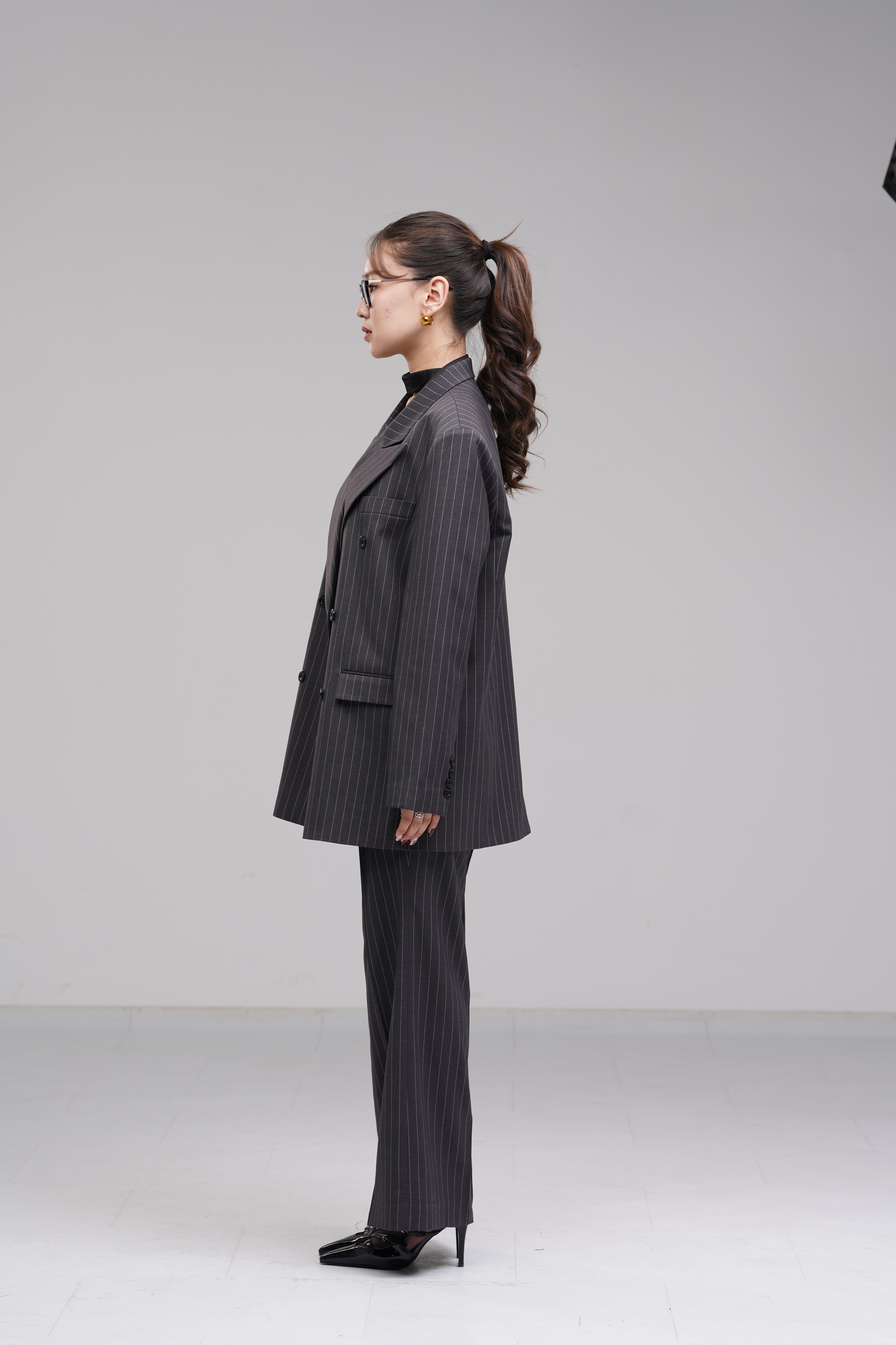 Double-breasted blazer grey wide pinstripe