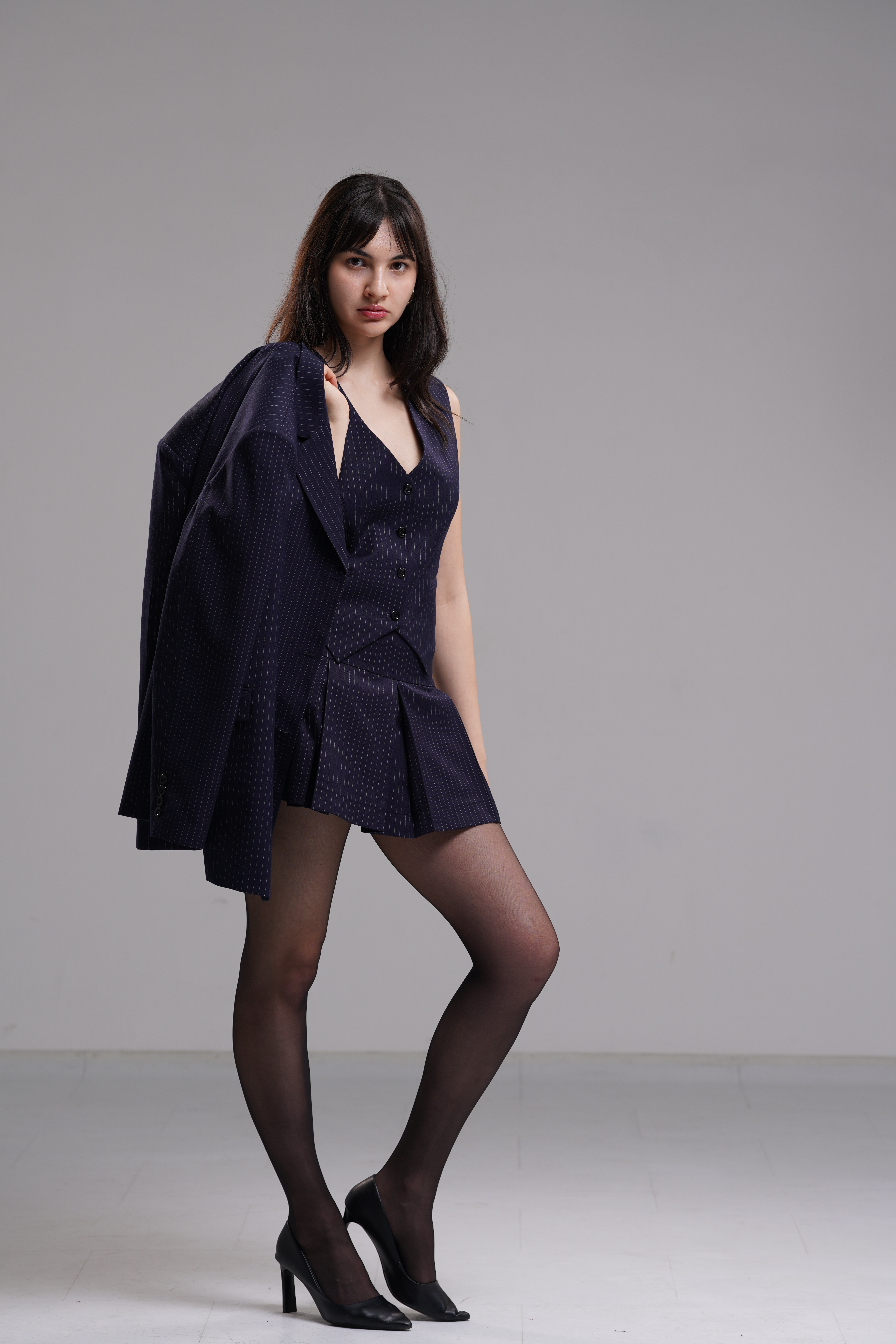 Dark blue pinstripe suit 