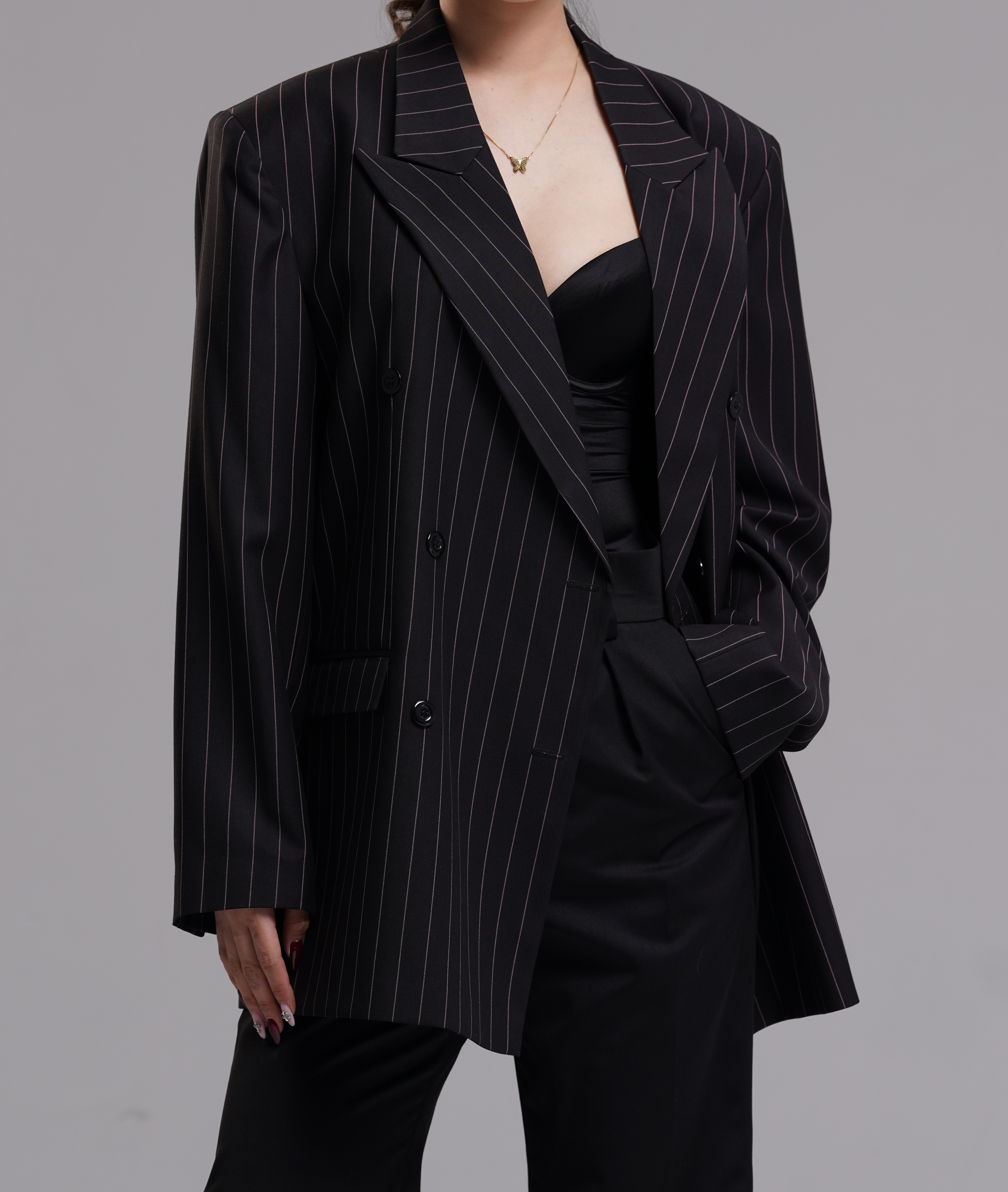 Double-breasted wide pinstripe blazer