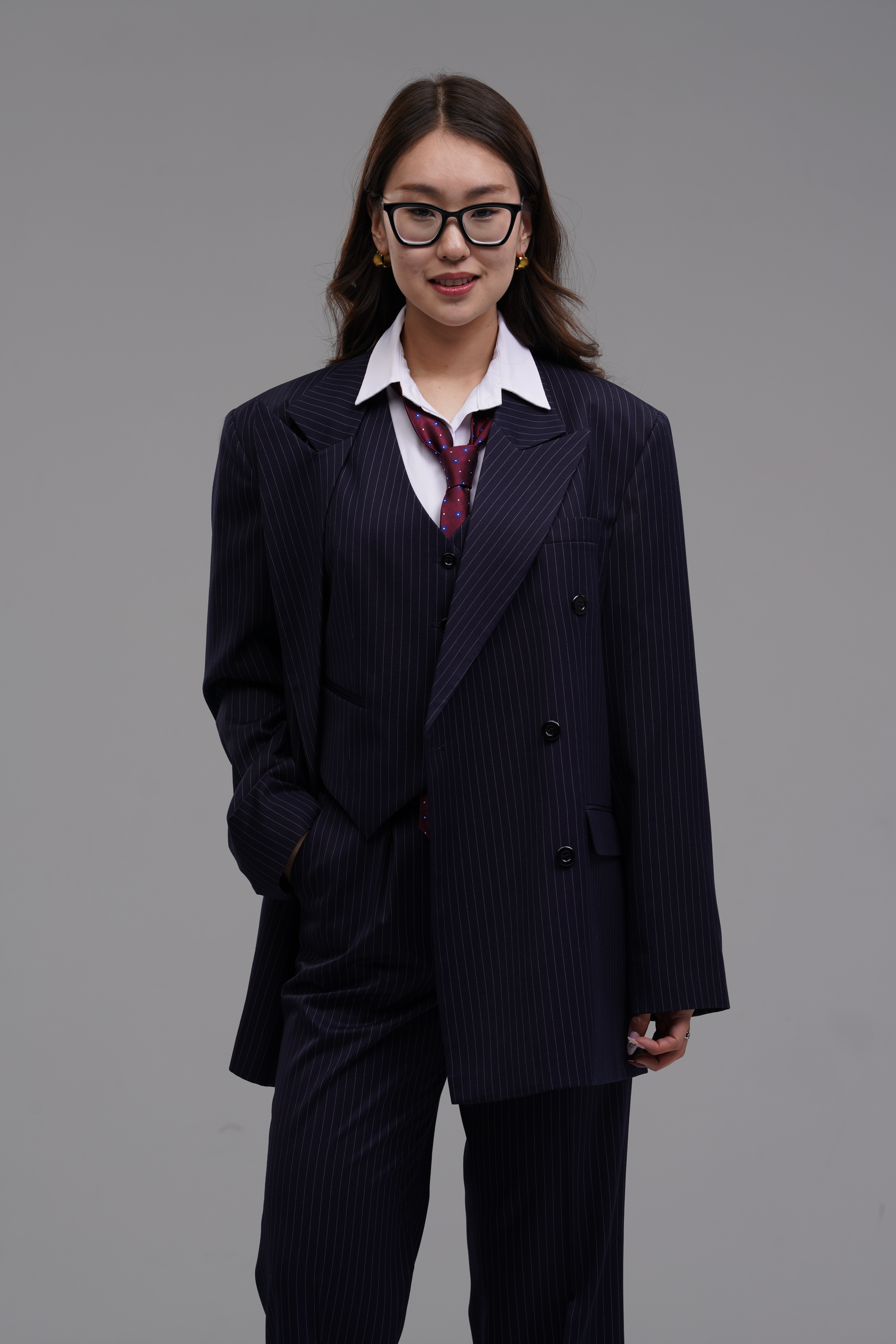 Dark blue pinstripe double-breasted blazer
