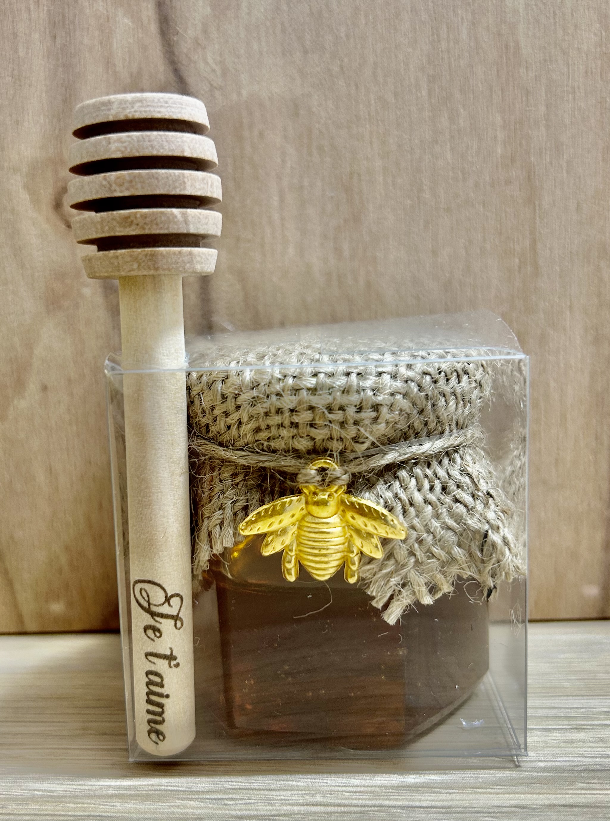 Petit pot de miel (100%) avec bâton personnalisé avec boîte - Lot de 10