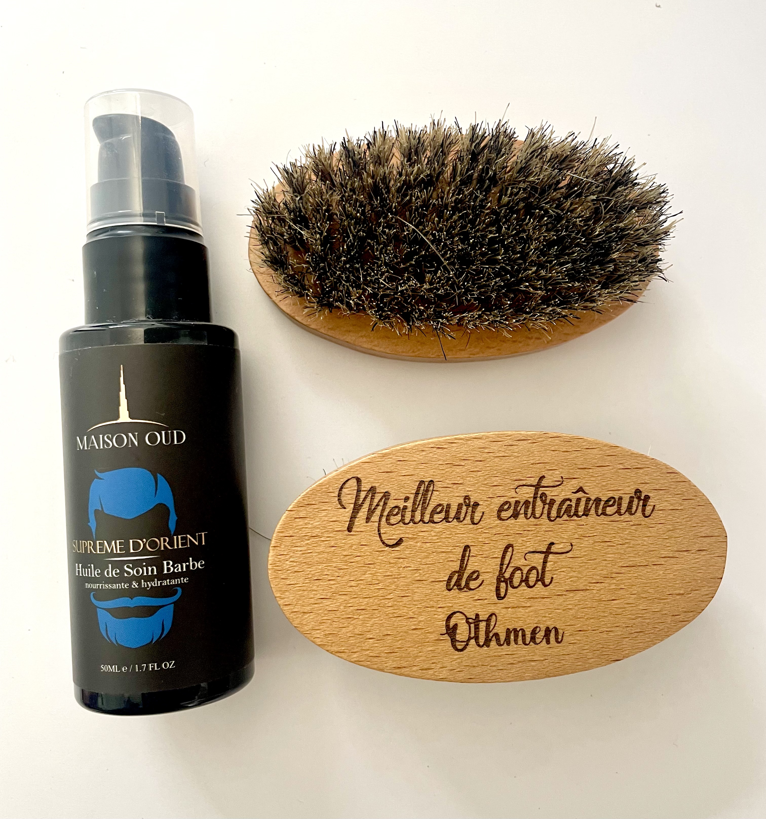 Brosse à Barbe Personnalisée & Huile Maison Oud – Senteur Suprême d’Orient
