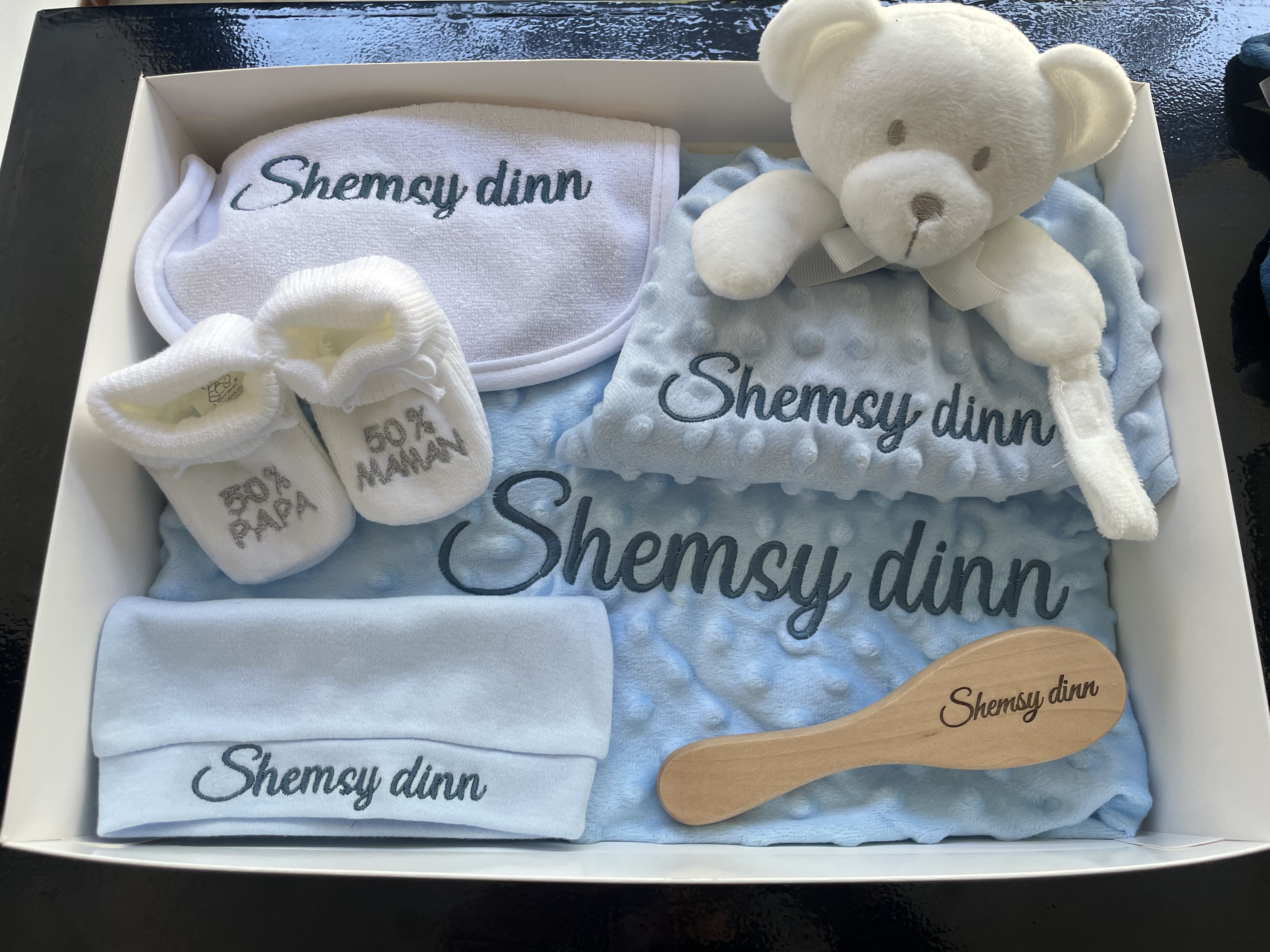 Coffret Cadeau Naissance Personnalisé – Plaid, Doudou, Bavoir, Bonnet, Brosse, Chausson
