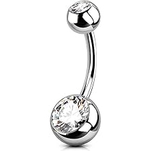 Externally Treaded Belly Button Silver Stud With White Stone