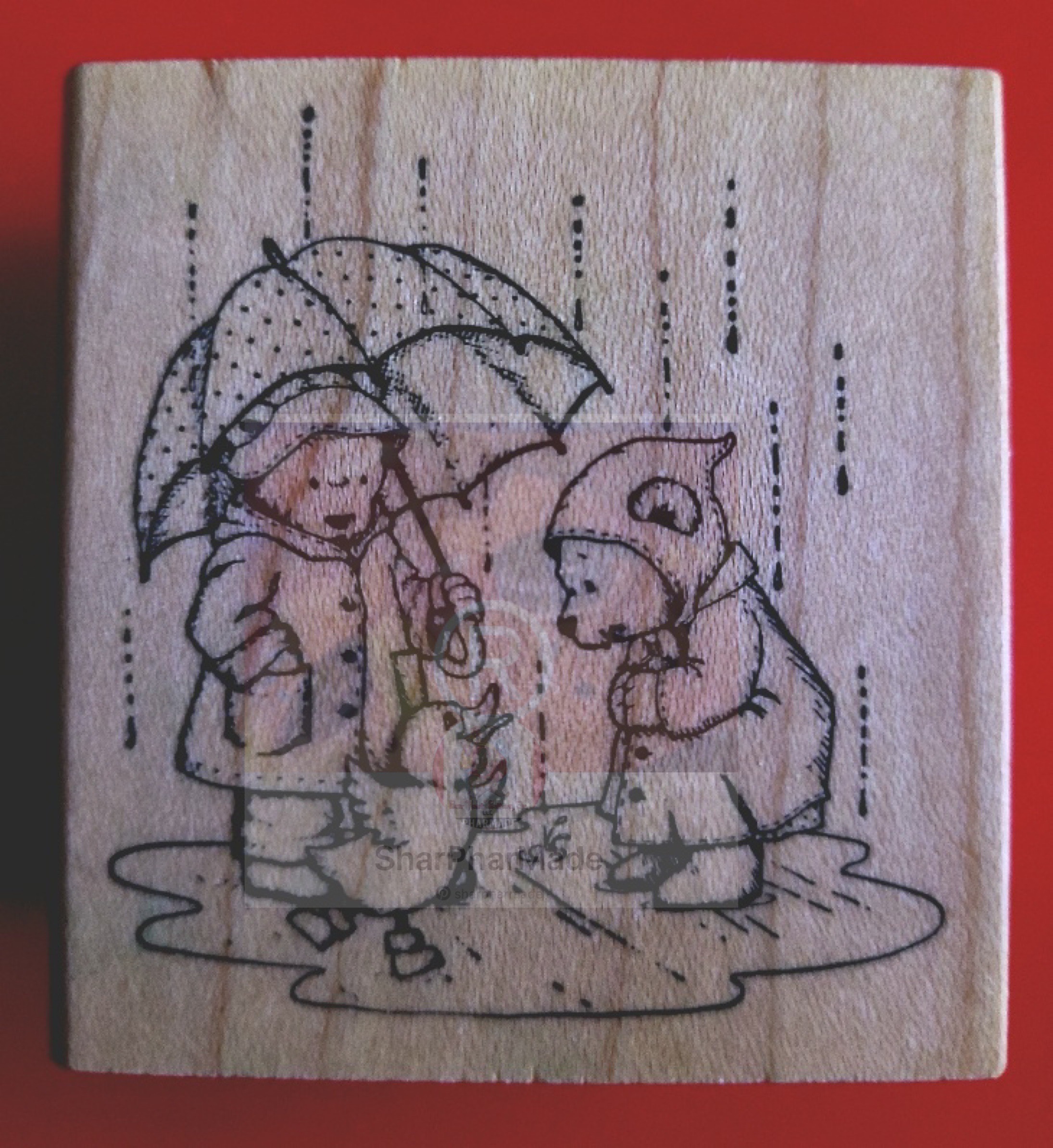 Delafield Stamp Company H765 Duck and Bears In Rain Vintage Rubber Stamp