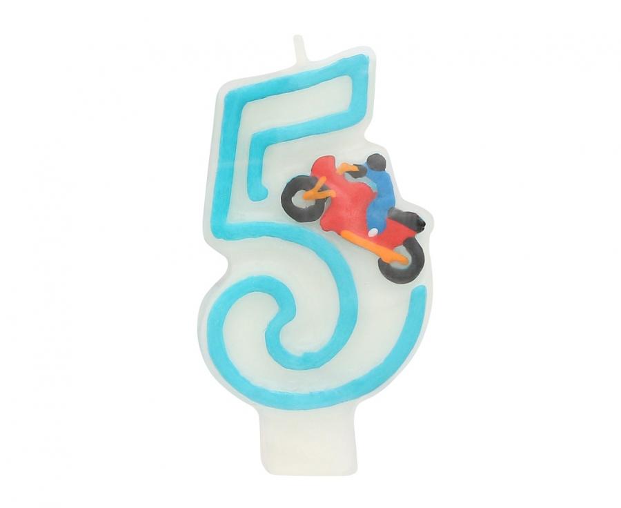 Žvakutė su skaičiumi 5 ir motociklu