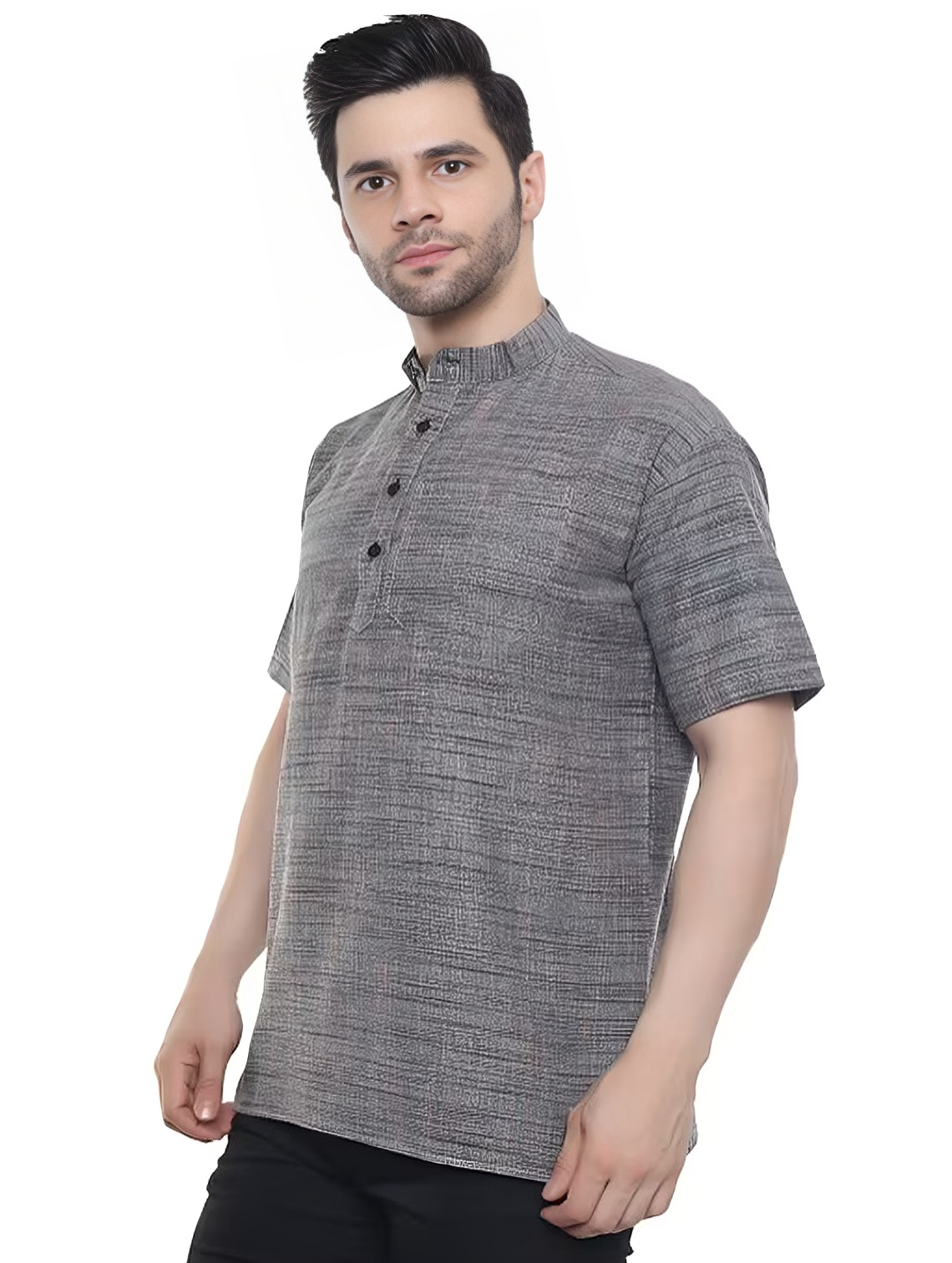 Aaryavar Men's Khadi Cotton Relaxed Short Kurta - Dark Grey Color