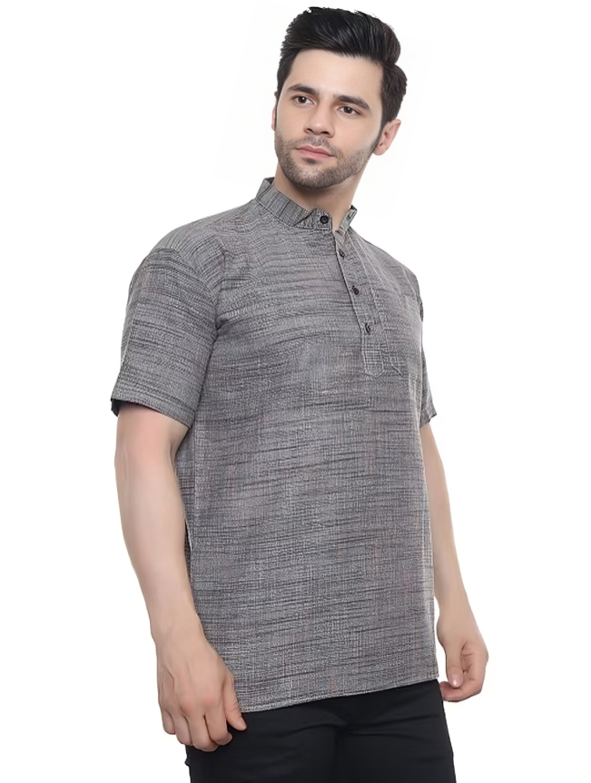 Aaryavar Men's Khadi Cotton Relaxed Short Kurta - Dark Grey Color