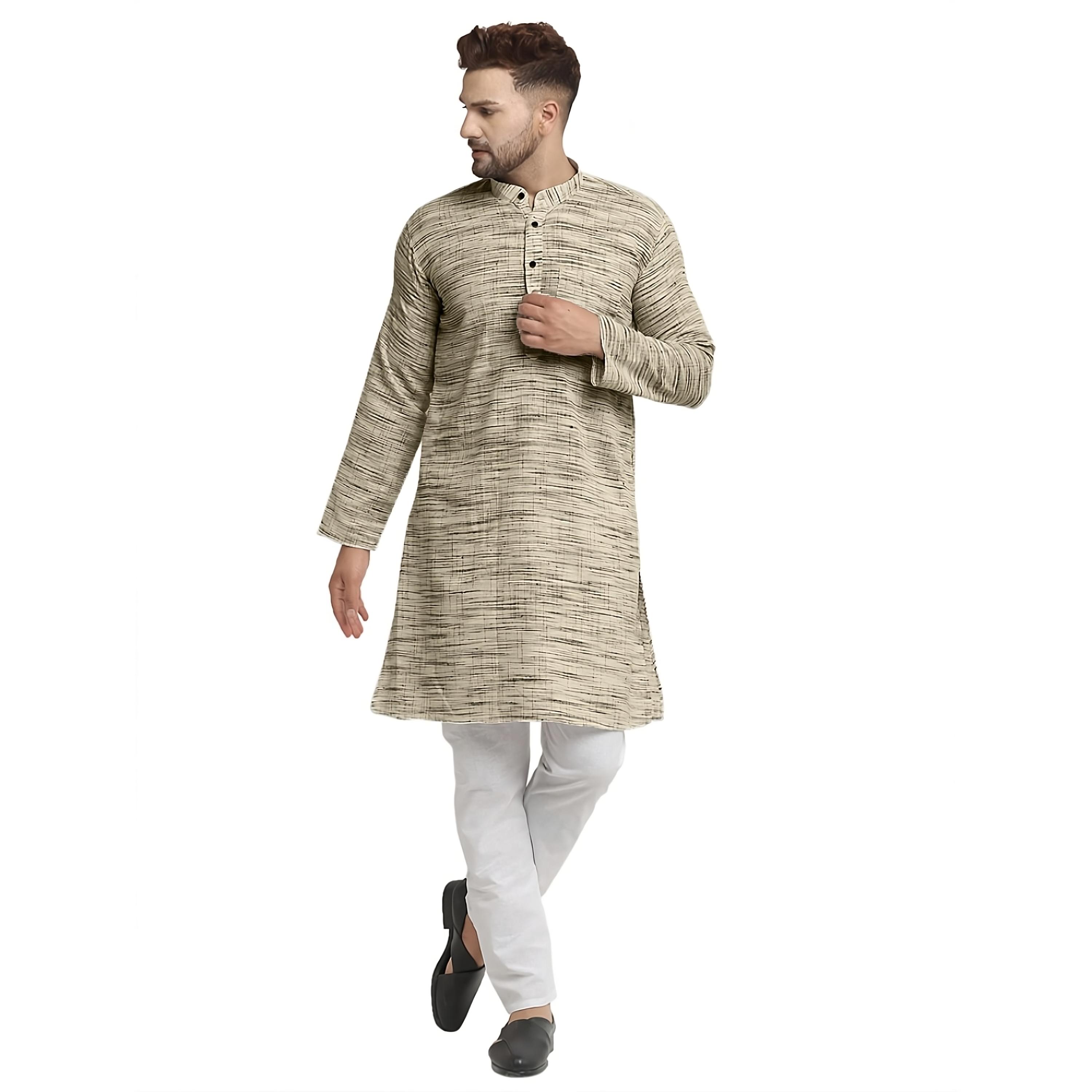 Aaryavar Men's Khadi Cotton Relaxed Kurta - Beige Color