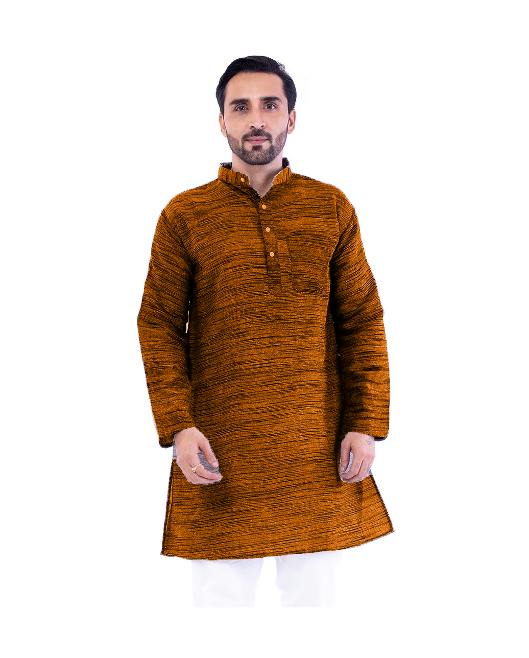 Aaryavar Men's Khadi Cotton - Kurta Pyjama Set - Bronze - Dark Orange Color