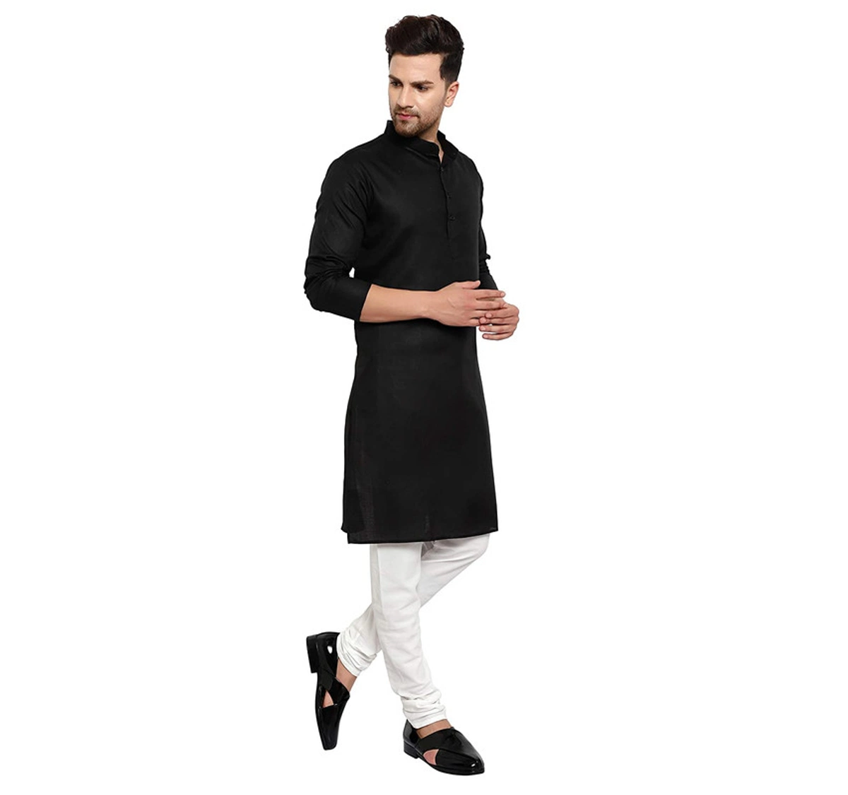 Aaryavar Men's Khadi Cotton - Kurta Pyjama Set - Black Kurta And White Pyjama 