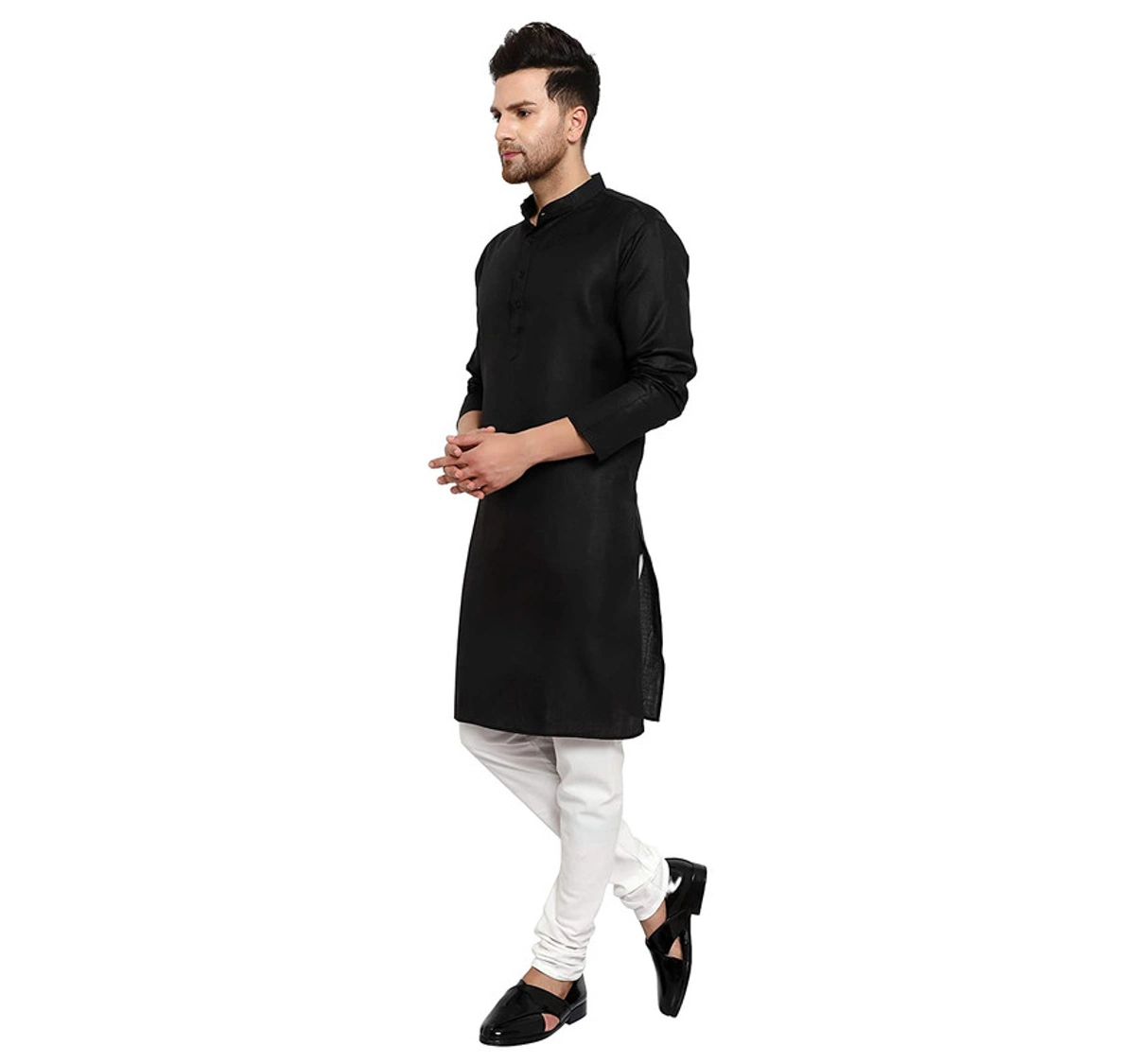 Aaryavar Men's Khadi Cotton - Kurta Pyjama Set - Black Kurta And White Pyjama 