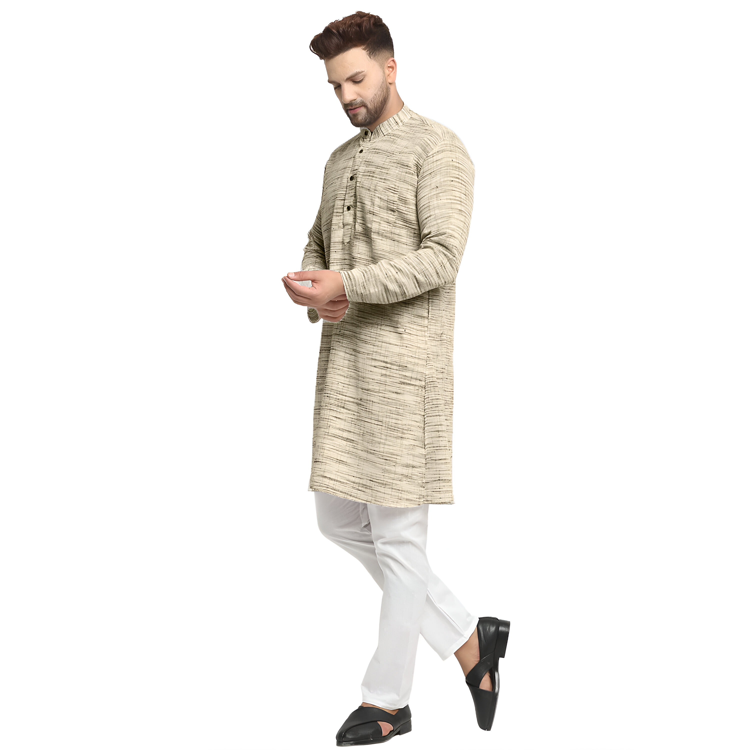 Men's Khadi Cotton - Kurta Pyjama Set - Beige Color