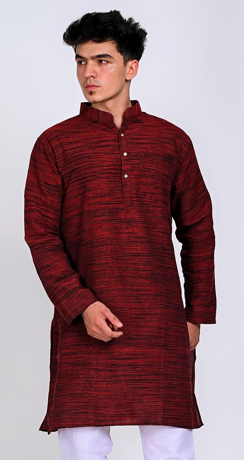 Aaryavar Men's Khadi Cotton - Kurta Pyjama Set - Maroon Color