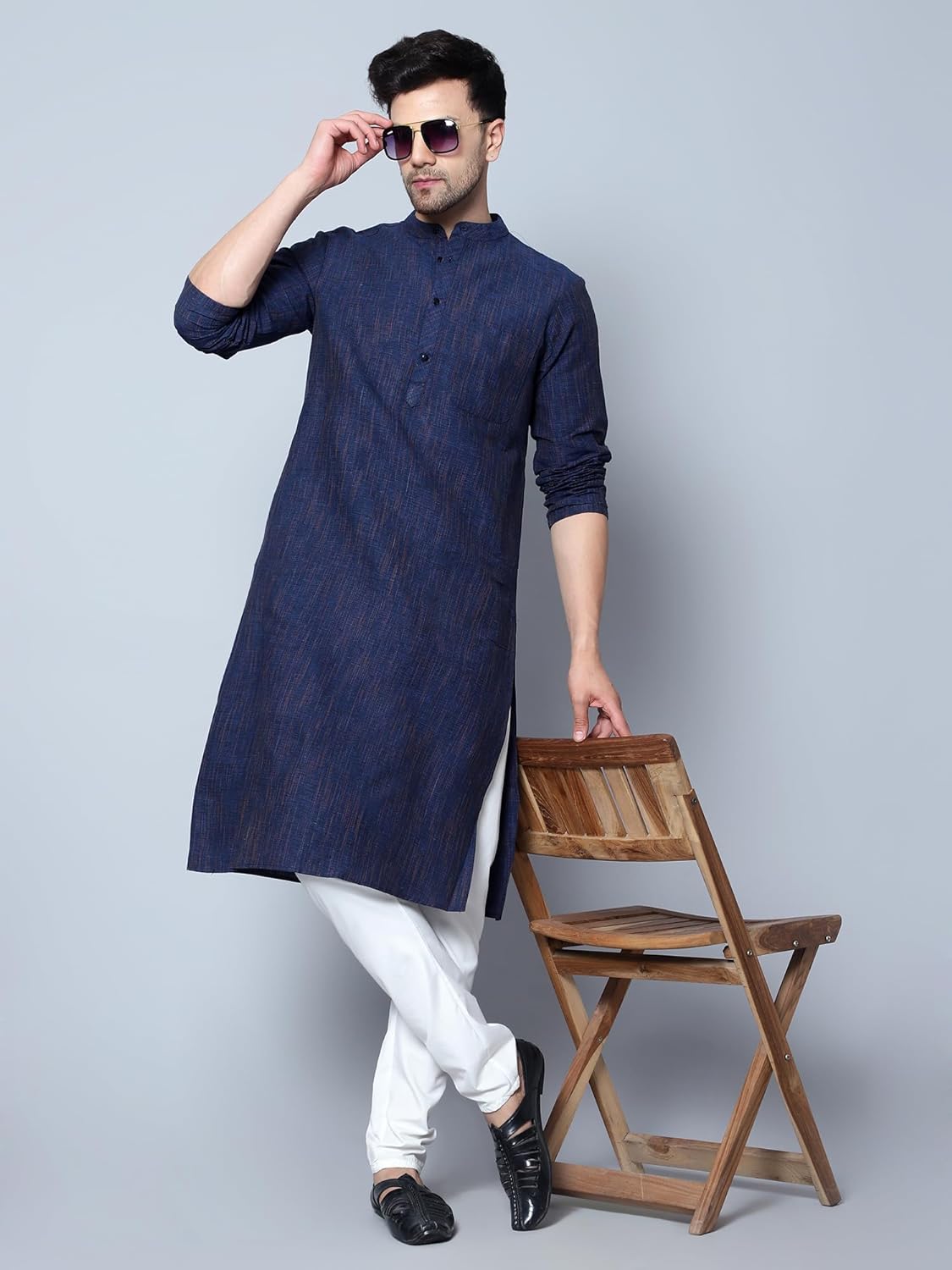 Aaryavar Men's Khadi Cotton - Kurta Pyjama Set - Navy Blue Color