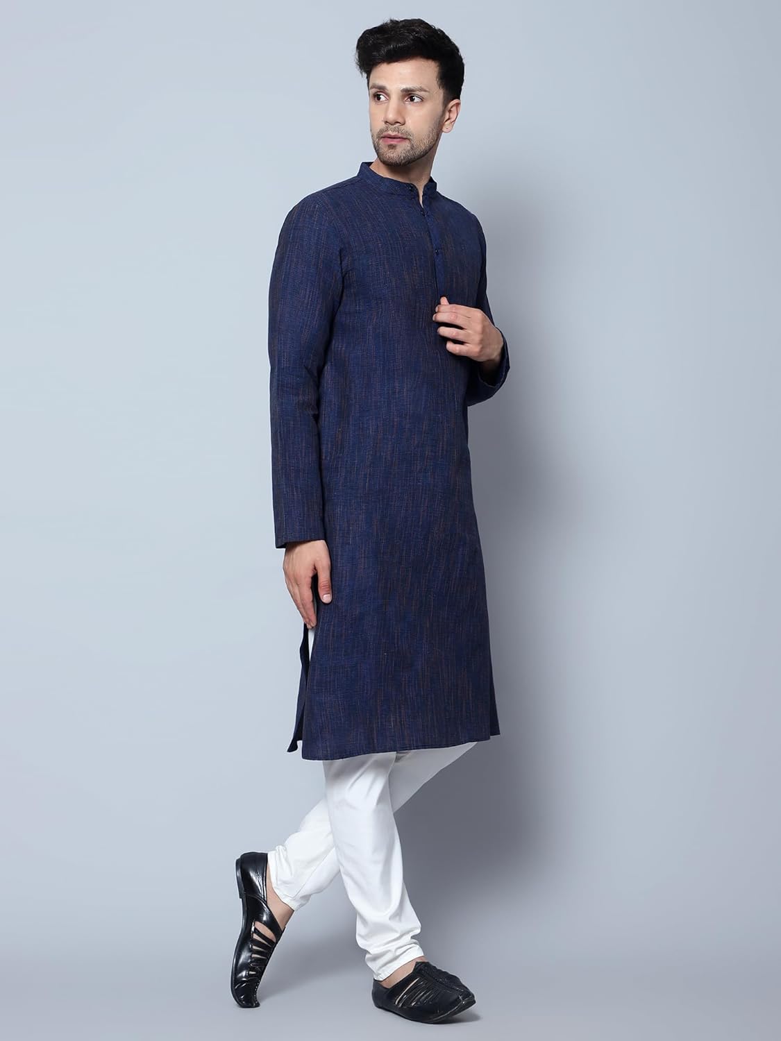 Aaryavar Men's Khadi Cotton - Kurta Pyjama Set - Navy Blue Color