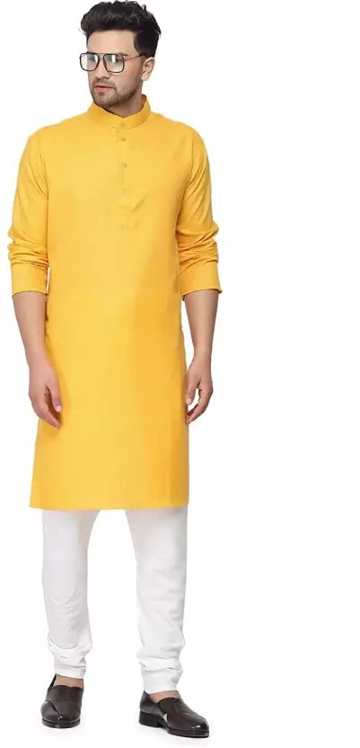 Aaryavar Men's Khadi Cotton - Mustard Yellow - Kurta Pyjama Set