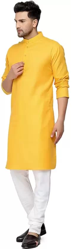 Aaryavar Men's Khadi Cotton - Mustard Yellow - Kurta Pyjama Set