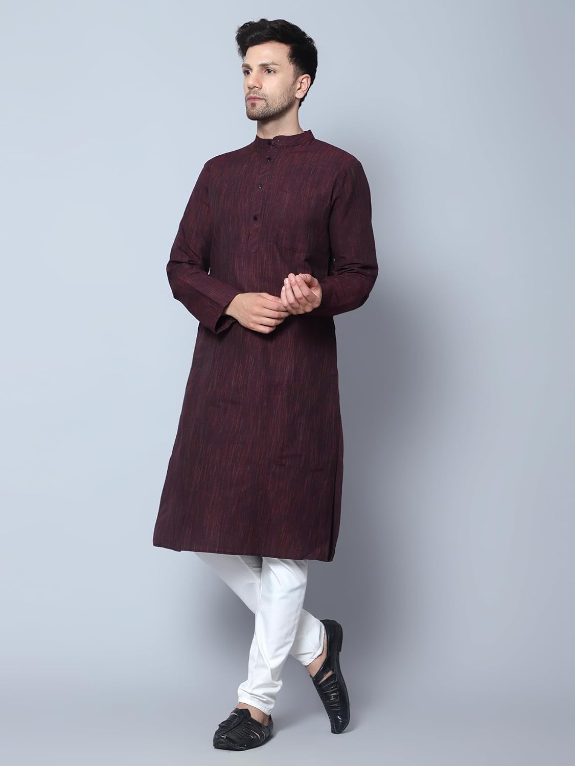 Aaryavar Men's Khadi Cotton - Deep Maroon - Kurta Pyjama Set