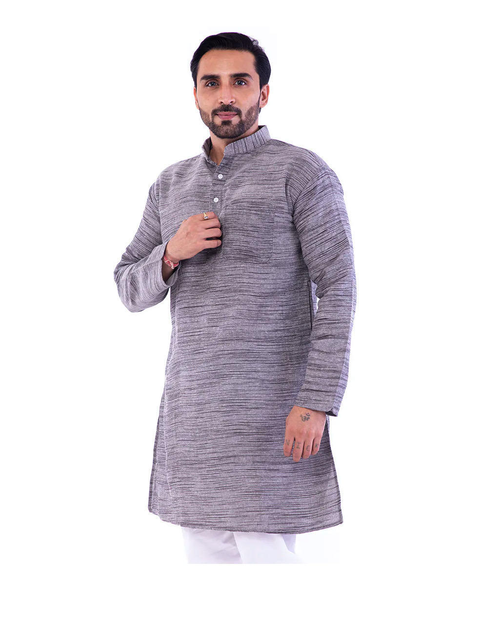 Aaryavar Men's Khadi Cotton - Dark Grey - Kurta Pyjama Set