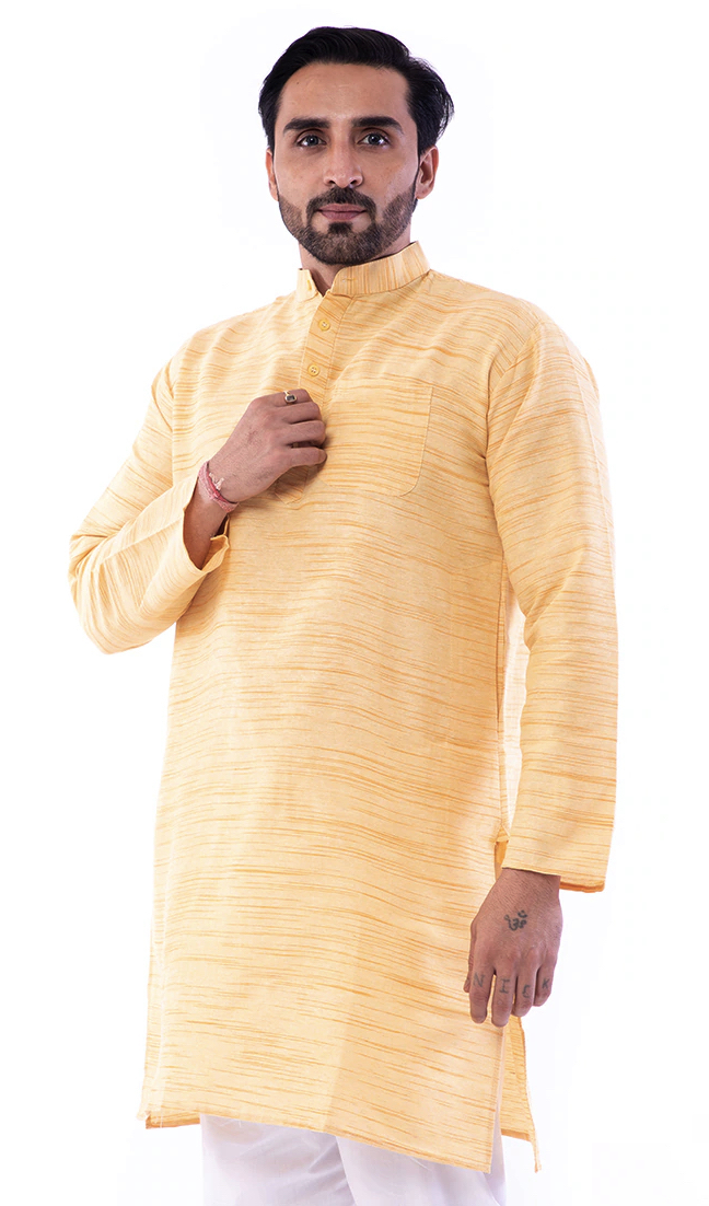 Aaryavar Men's Khadi Cotton - Yellow Color - Kurta Pyjama Set