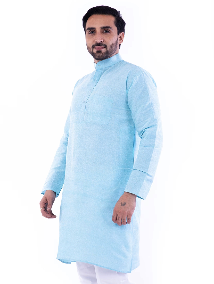 Aaryavar Men's Khadi Cotton - Kurta Pyjama Set - Sky Blue Color